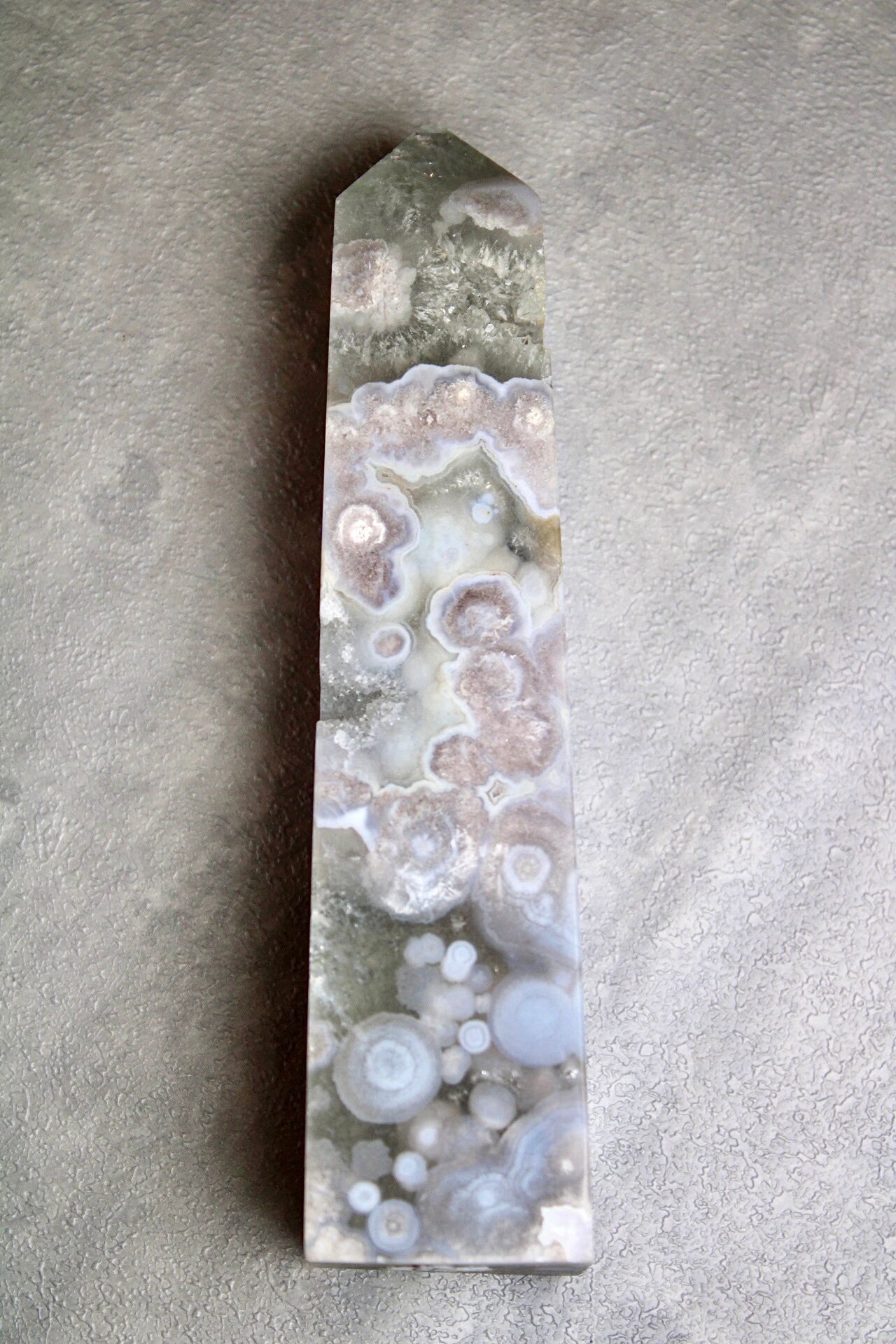 Stunning!! Super high quality, Druzy, green chlorite x blue flower agate, 4 sided, tower