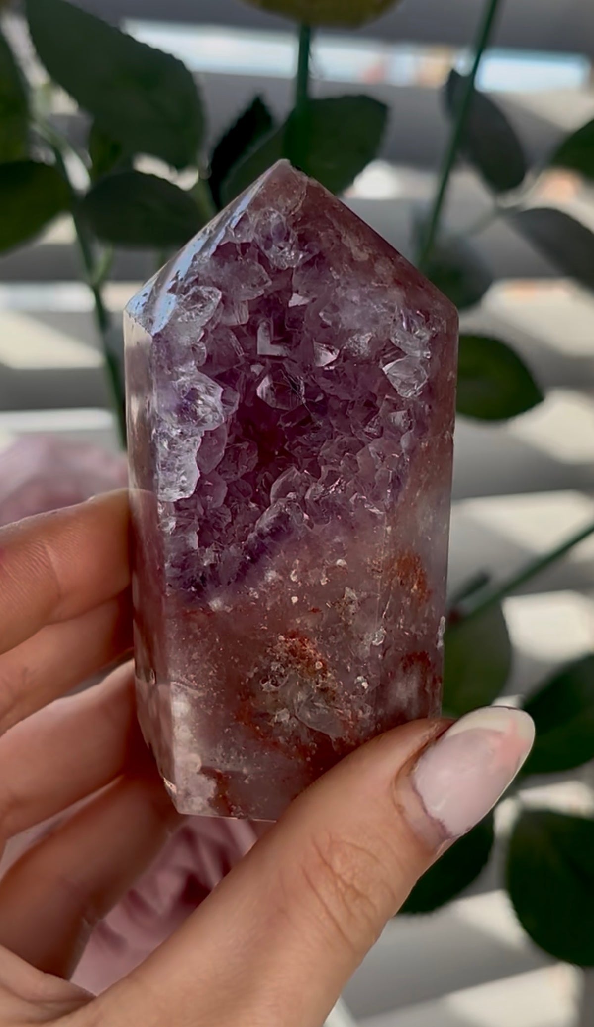 Beautiful, high quality, Pink amethyst tower with purple quartz