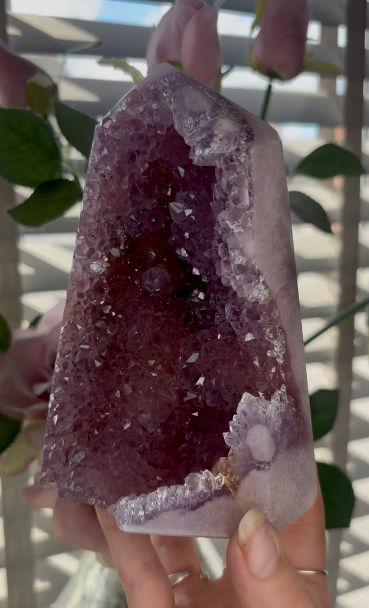 Beautiful, high quality, Pink amethyst tower in lilac tones with vibrant purple druzy
