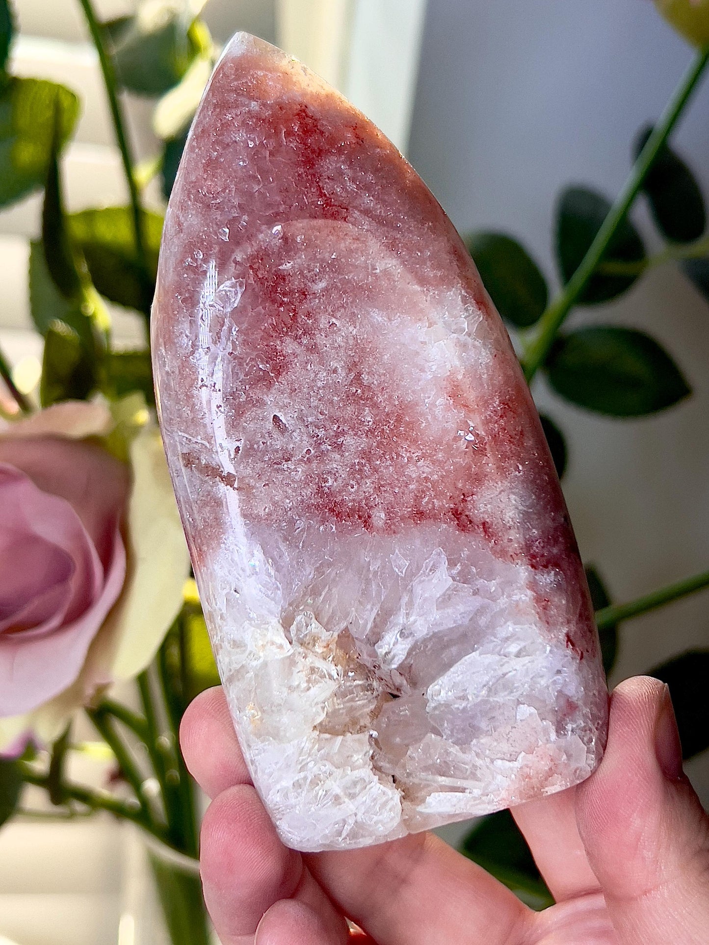 High grade, pink amethyst flame with a red tone and quartz druzy
