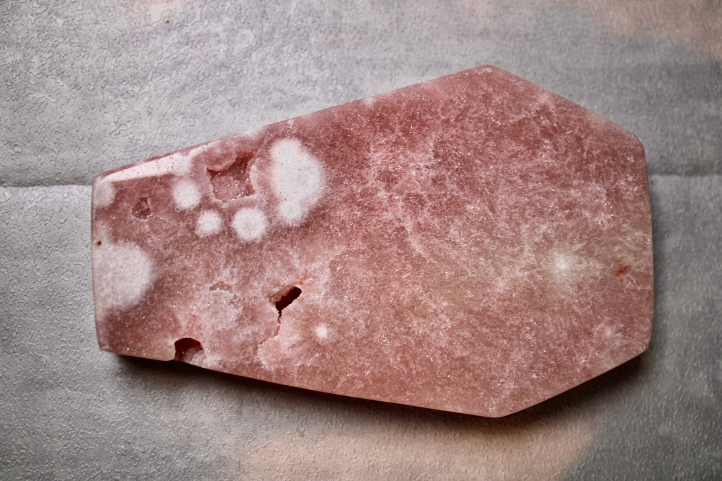 Freestanding, peach toned, high quality, pink amethyst, coffin carving 295g 12.5cm(H) 8cm(W)