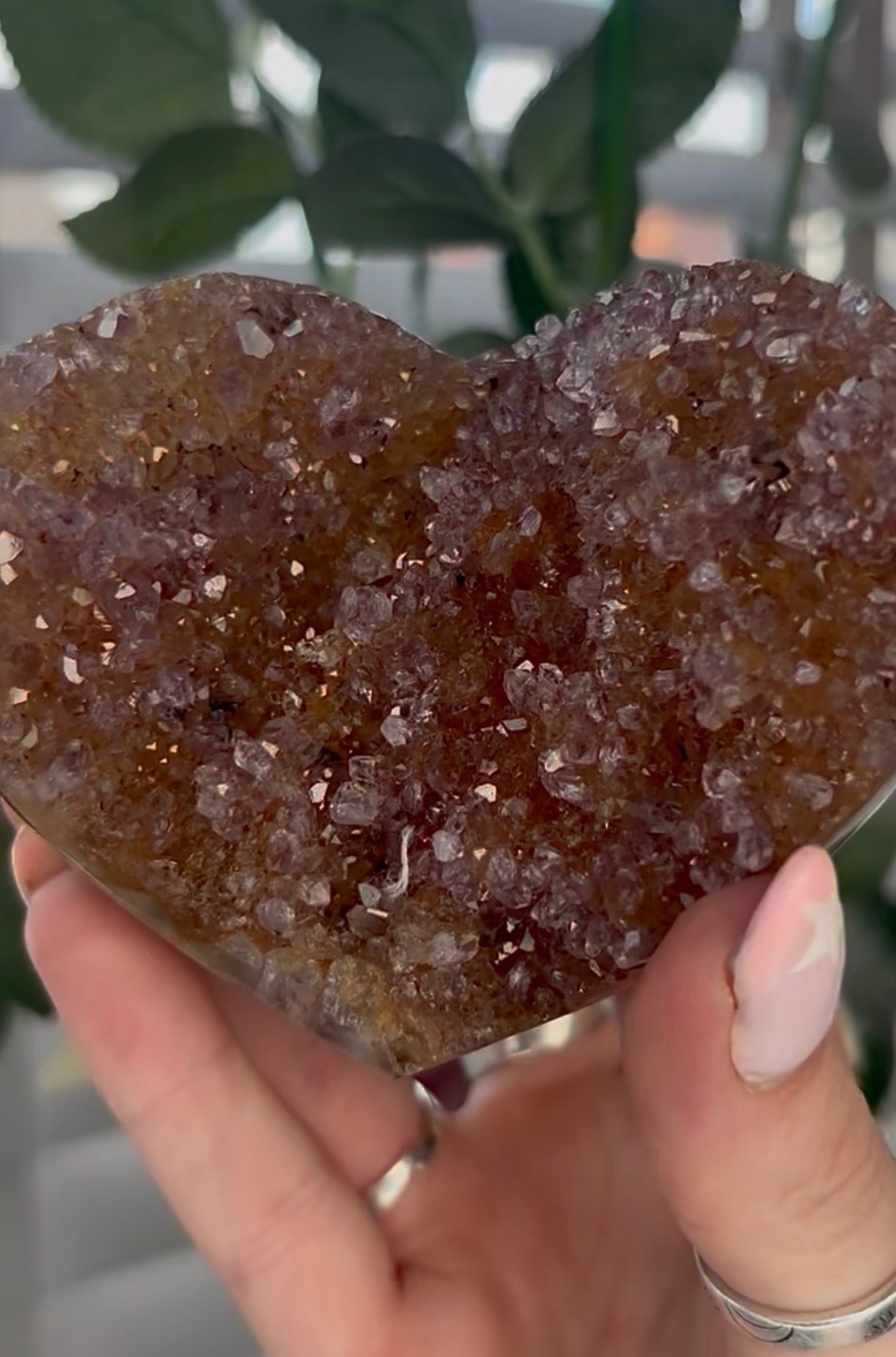 Uruguay, rainbow amethyst heart - comes with stand in orange/purple tones