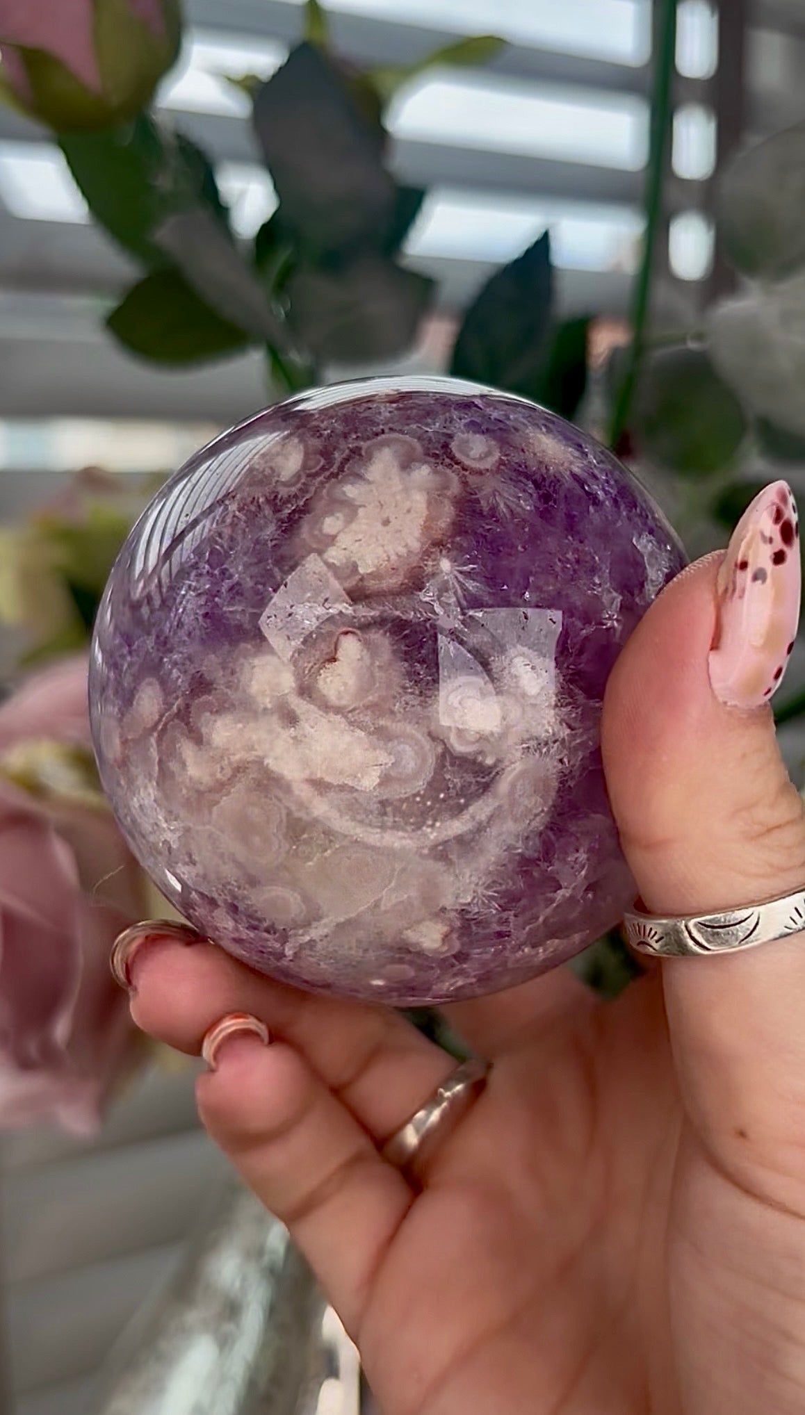 High grade, Amethyst Flower agate sphere 7.5cm 585g