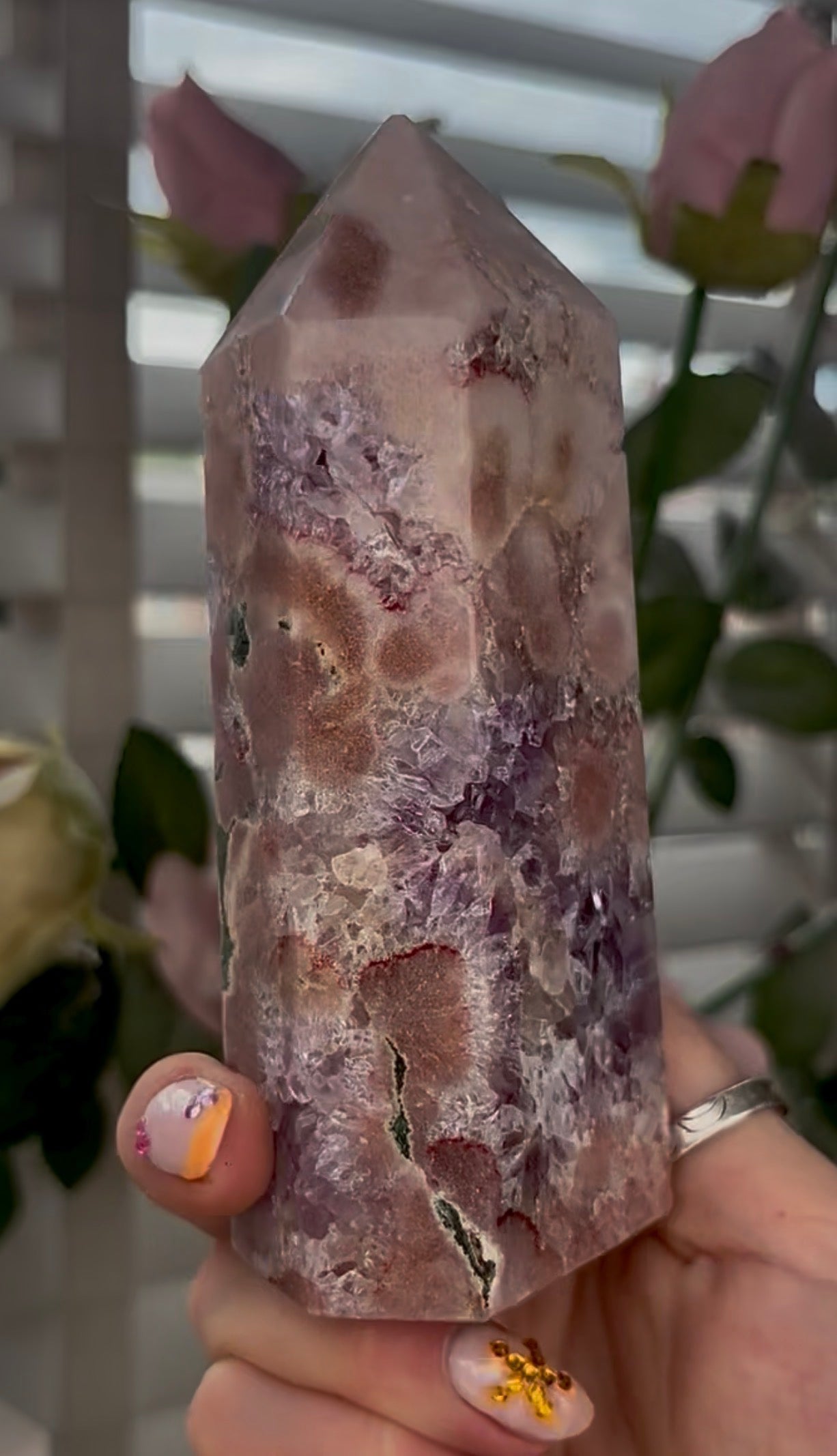 Pretty, Pink amethyst tower, with purple quartz druzy