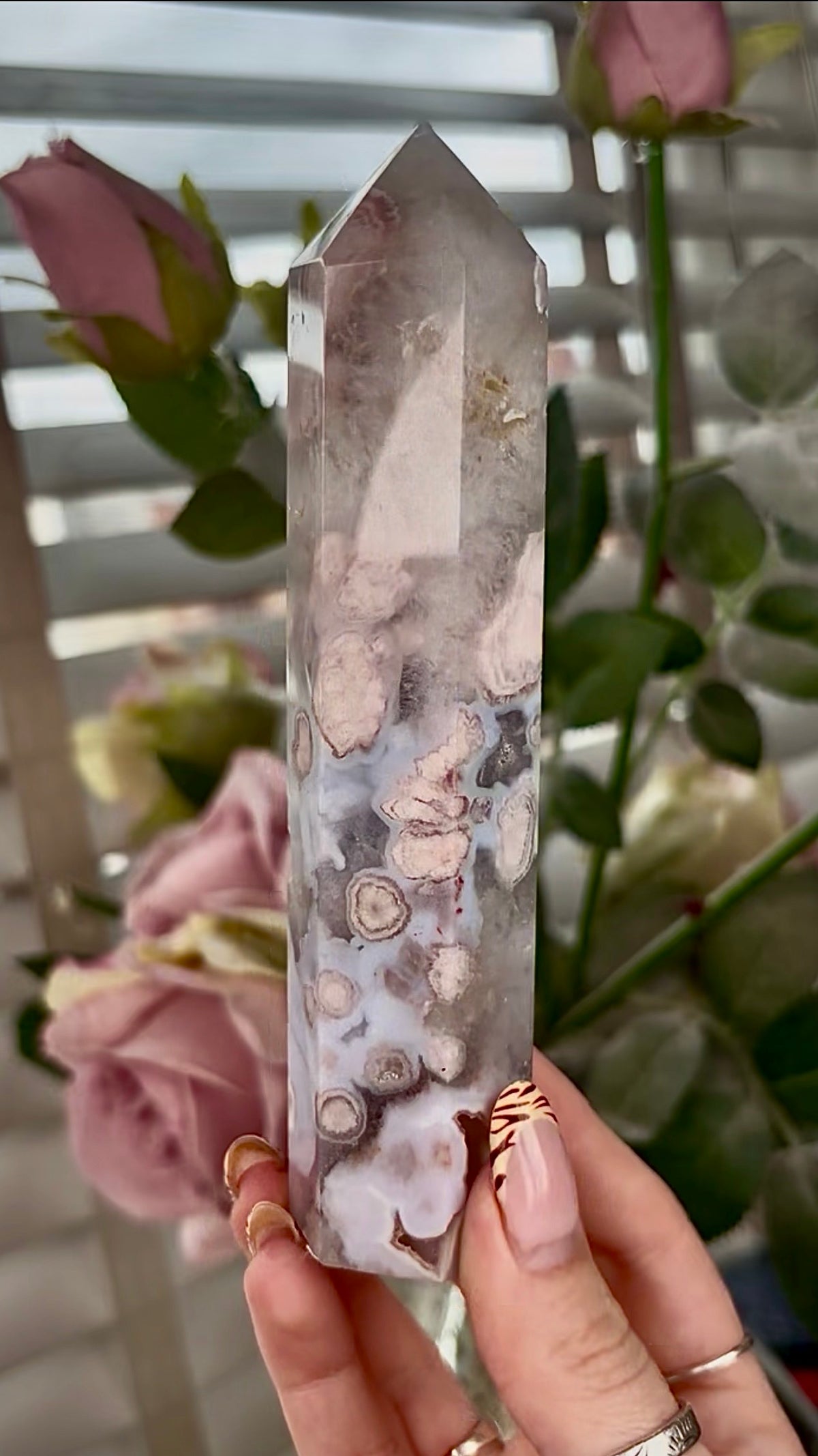 Stunning!! Super high quality, Druzy, green chlorite x blue flower agate tower