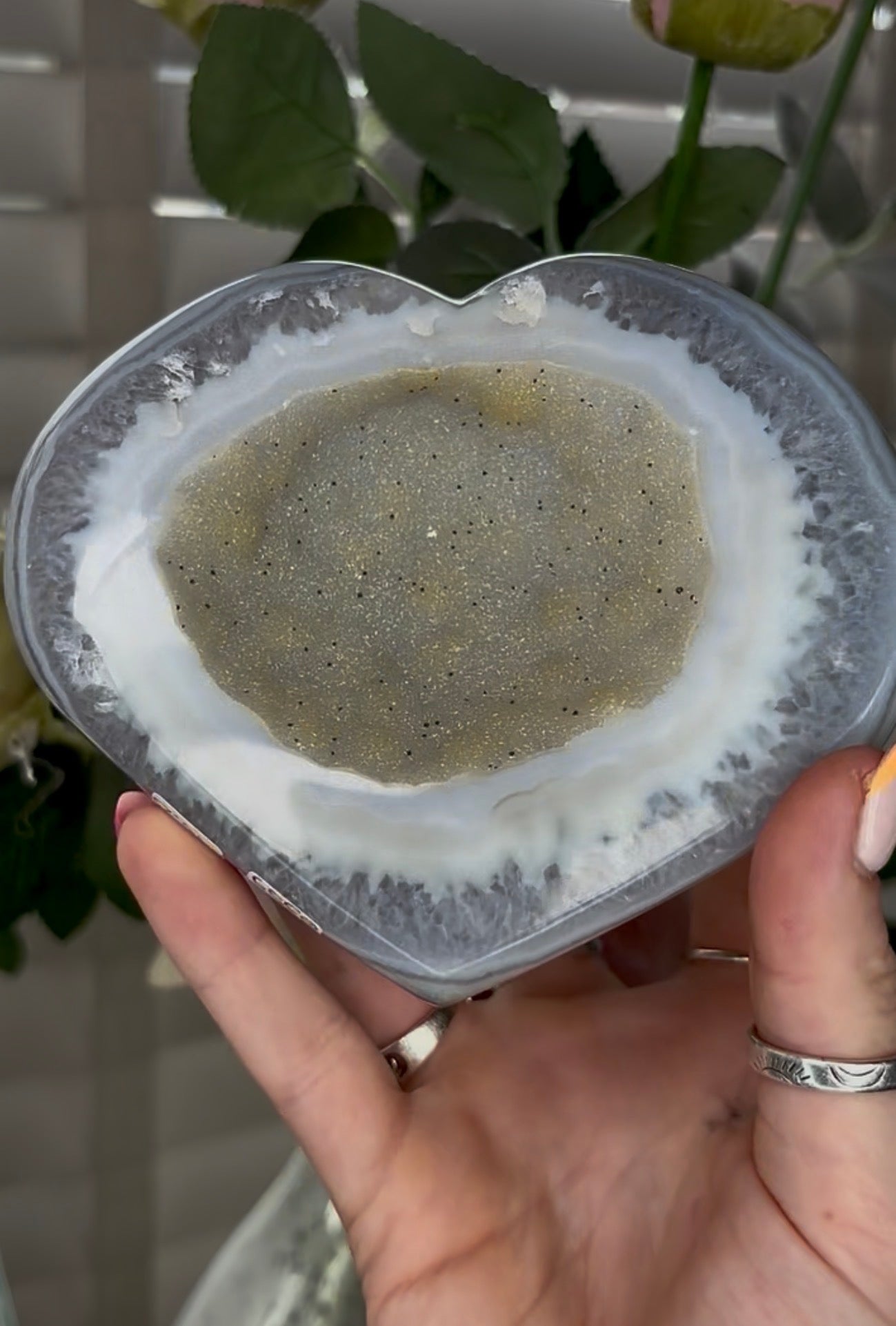 Beautiful, high grade, agate heart with druzy - comes with stand