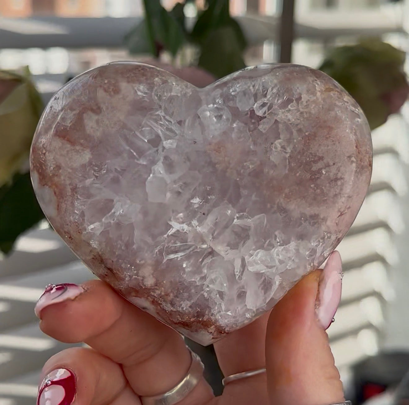 Hq pink amethyst heart with quartz - comes with stand