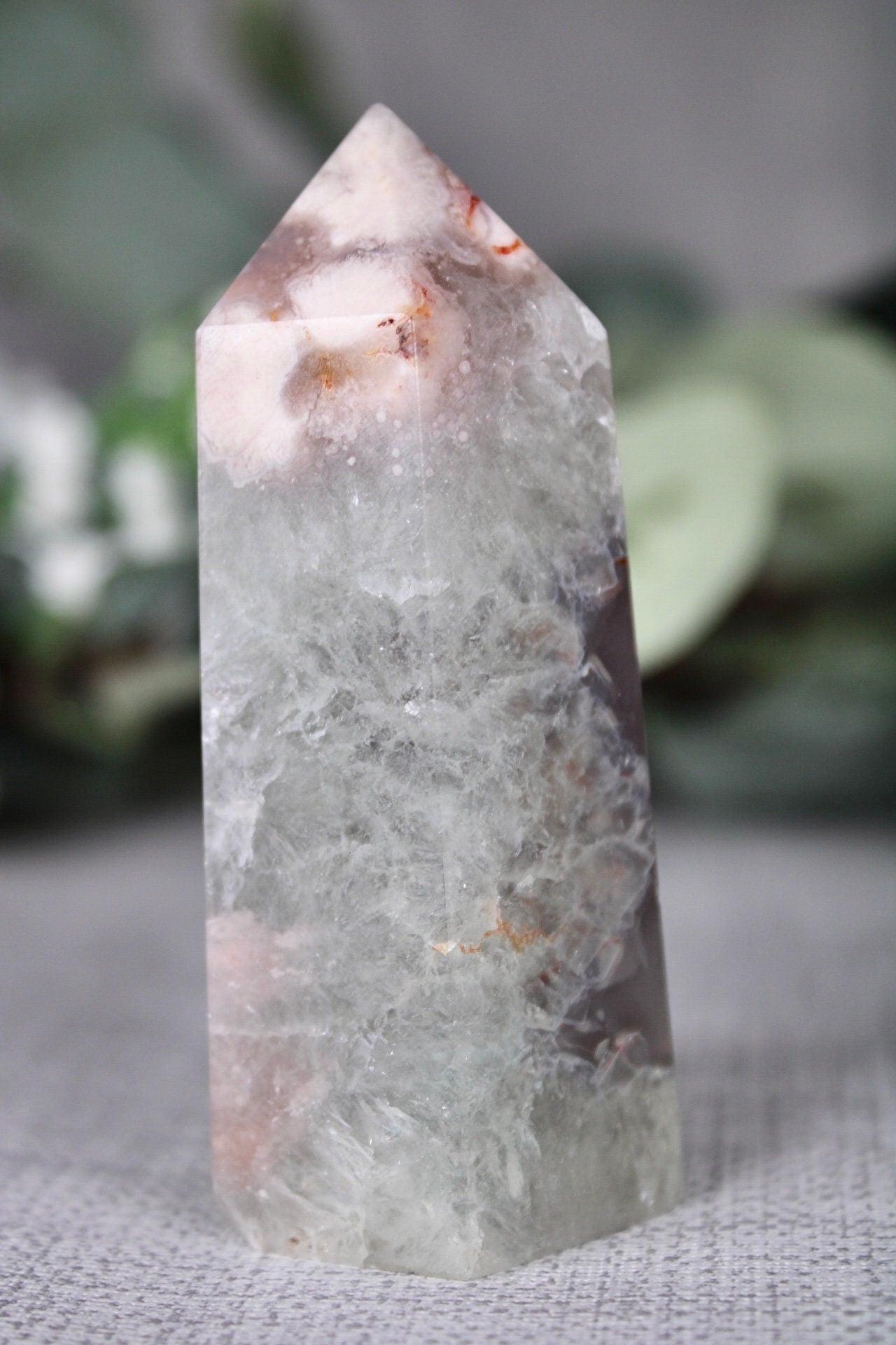 Chlorite flower agate, 6 sided, polished tower 145g 8cm