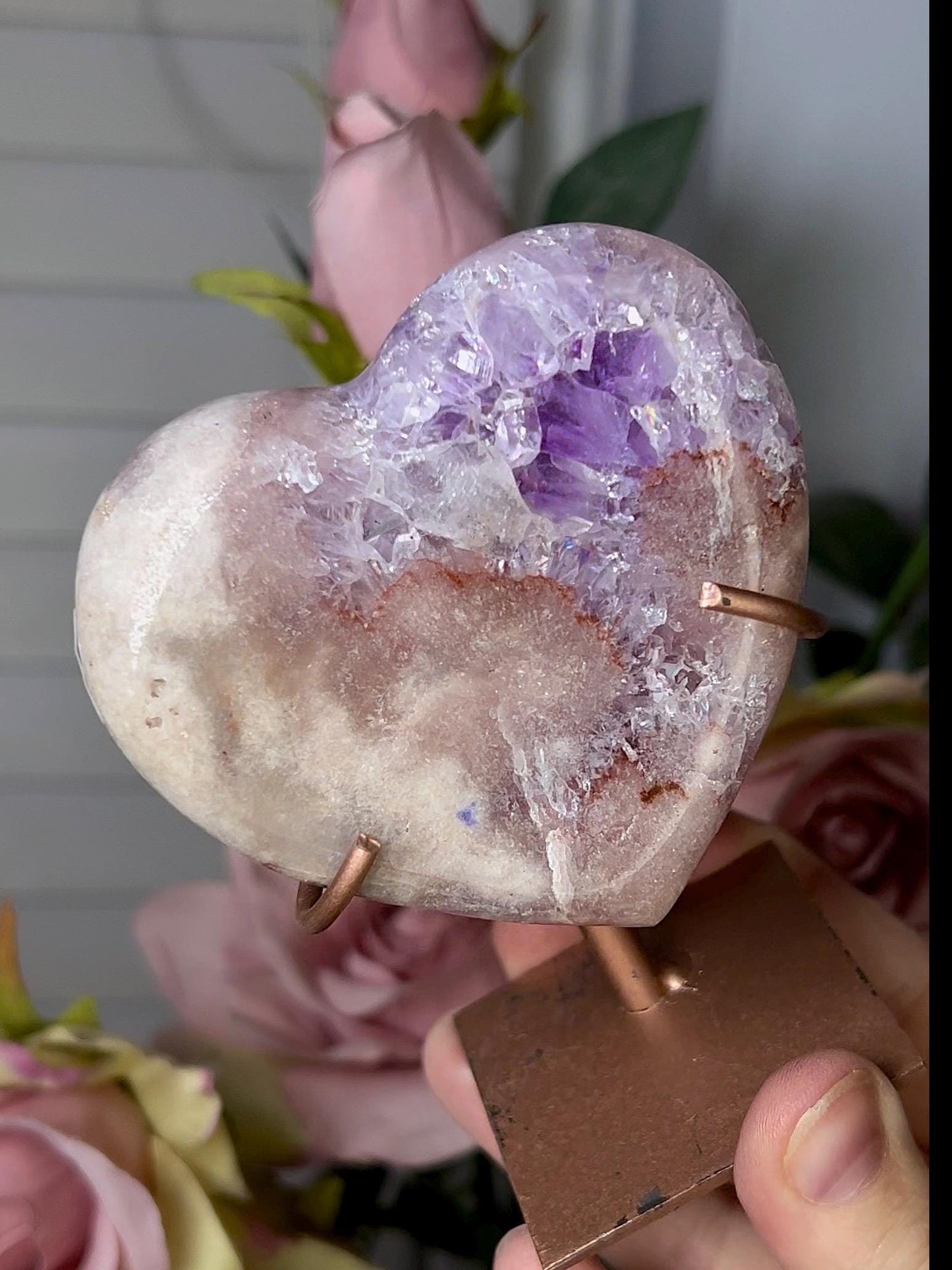 High grade, pink amethyst heart with purple quartz on stand (can be displayed with either side showing) 209g