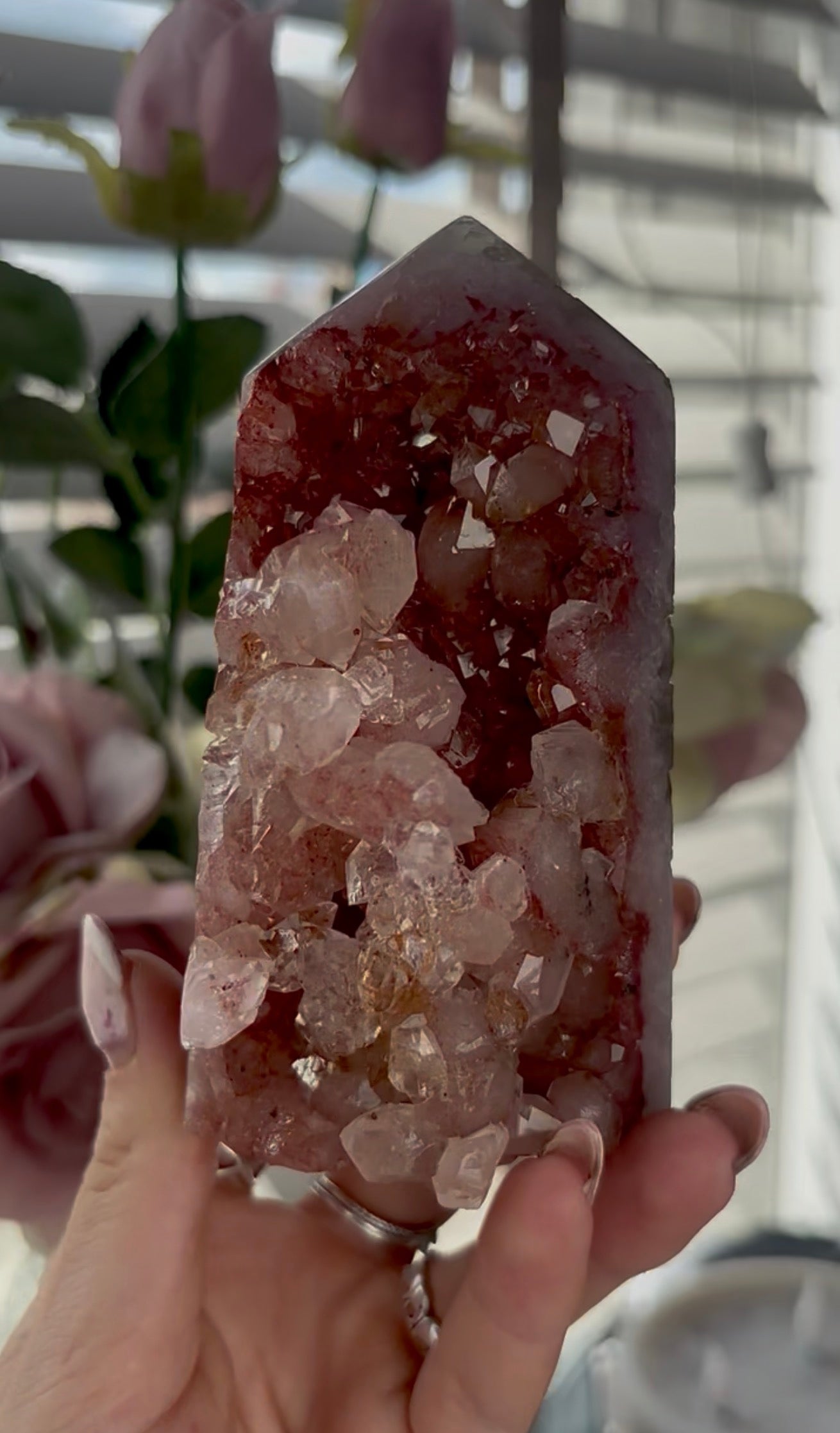 Beautiful, high quality, Pink amethyst tower in burnt orange/red tones with chewing gum druzy