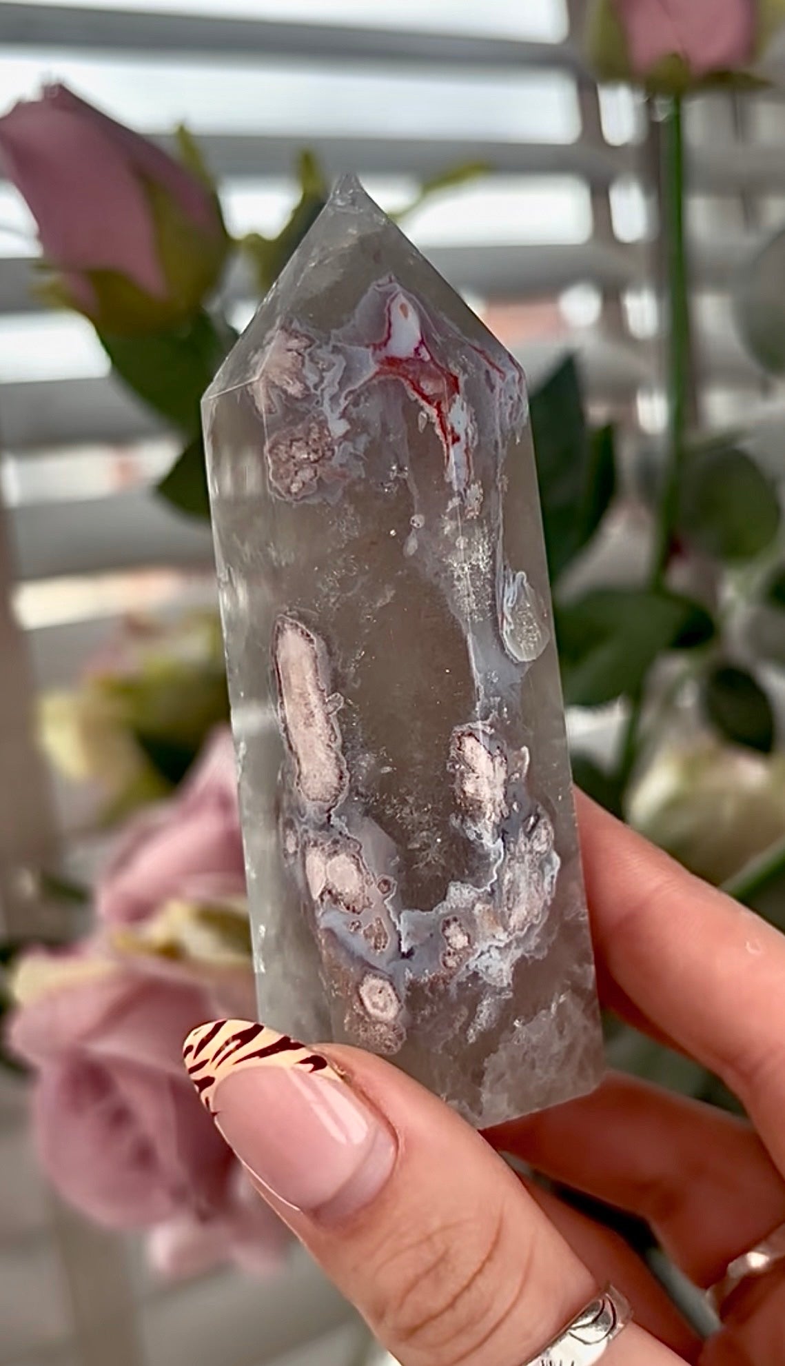 Stunning!! Super high quality, Druzy, green chlorite x blue flower agate tower