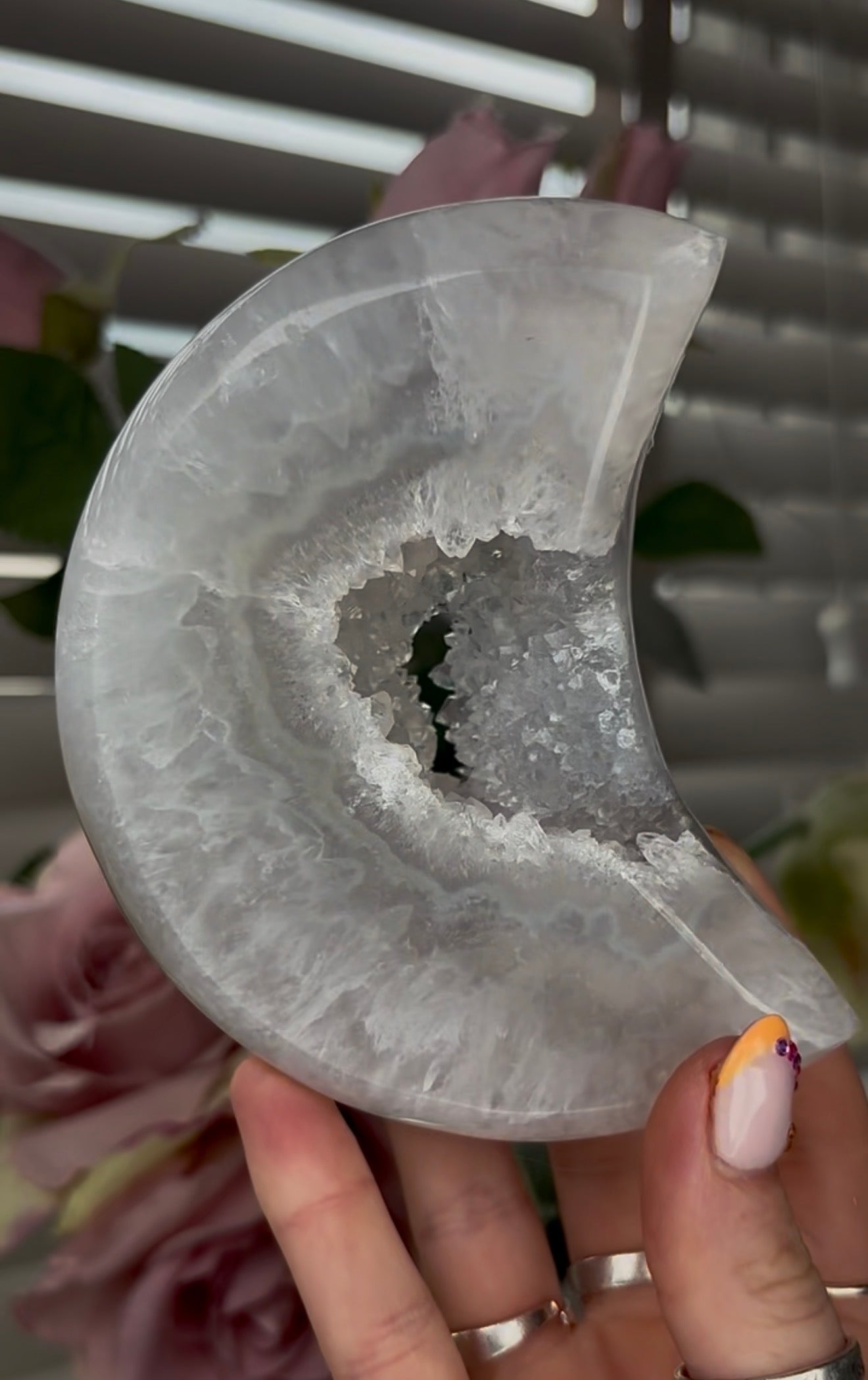 Beautiful, high grade, agate moon with druzy - comes with stand