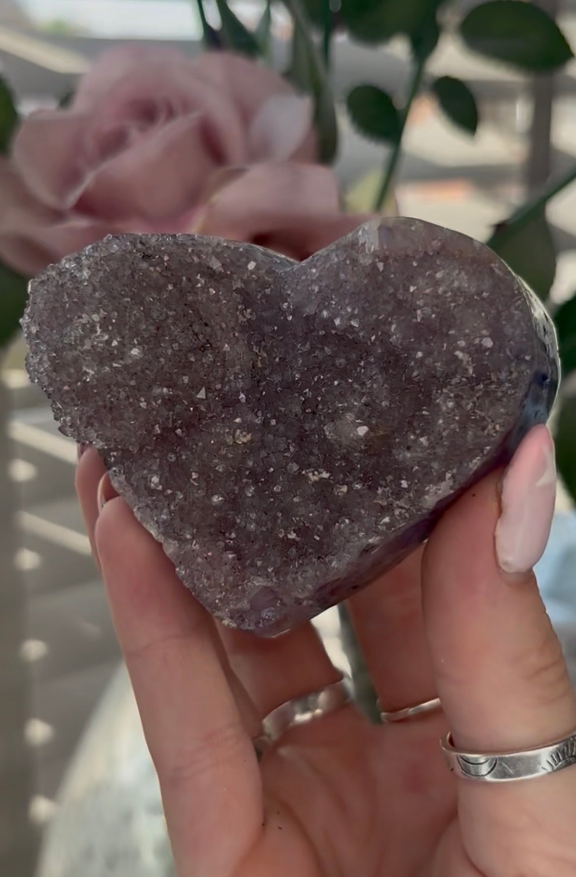 Uruguay, rainbow amethyst heart - comes with stand in lilac tones
