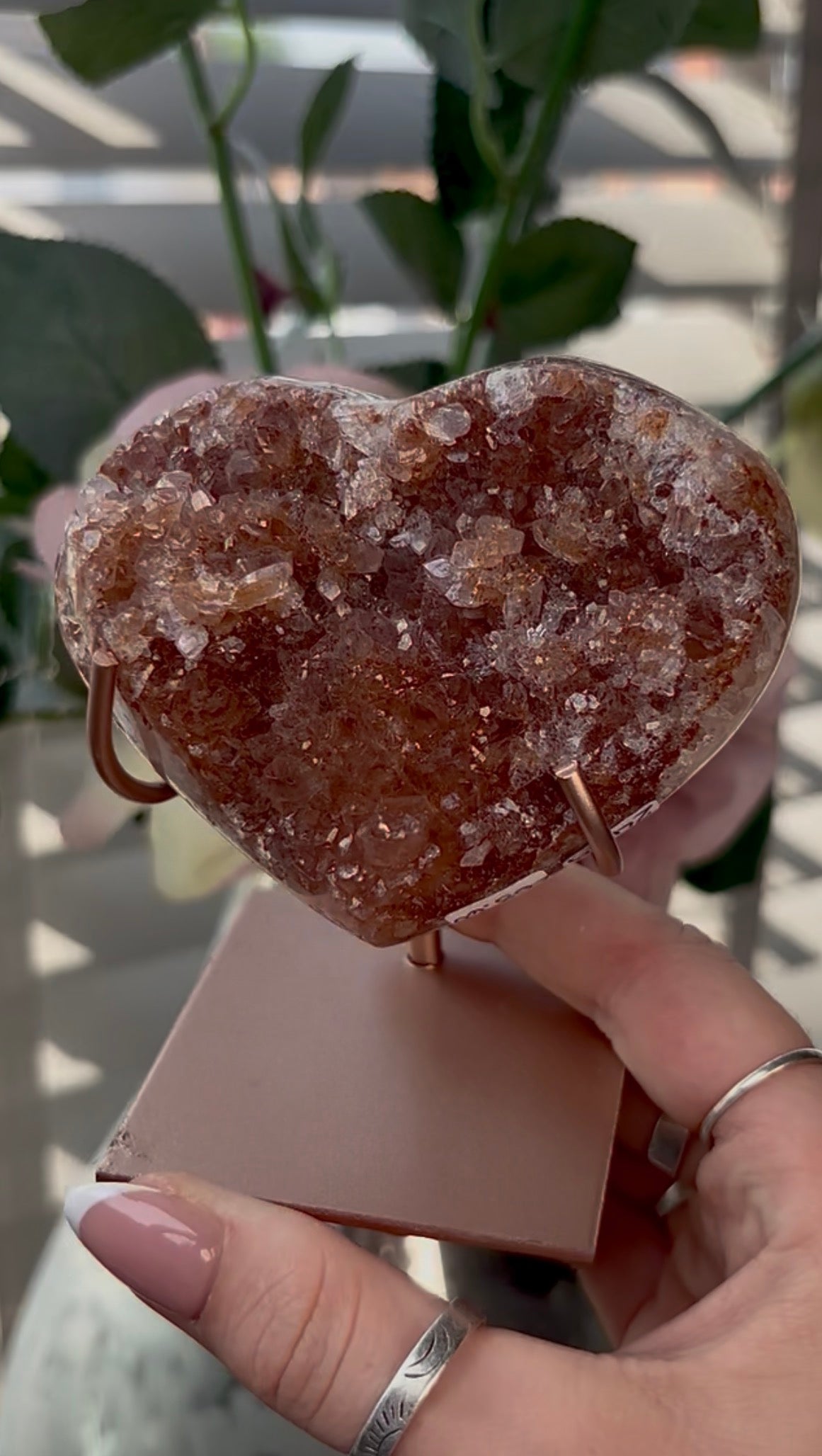 Gorgeous, high quality, pink amethyst heart with Jasper - comes with stand
