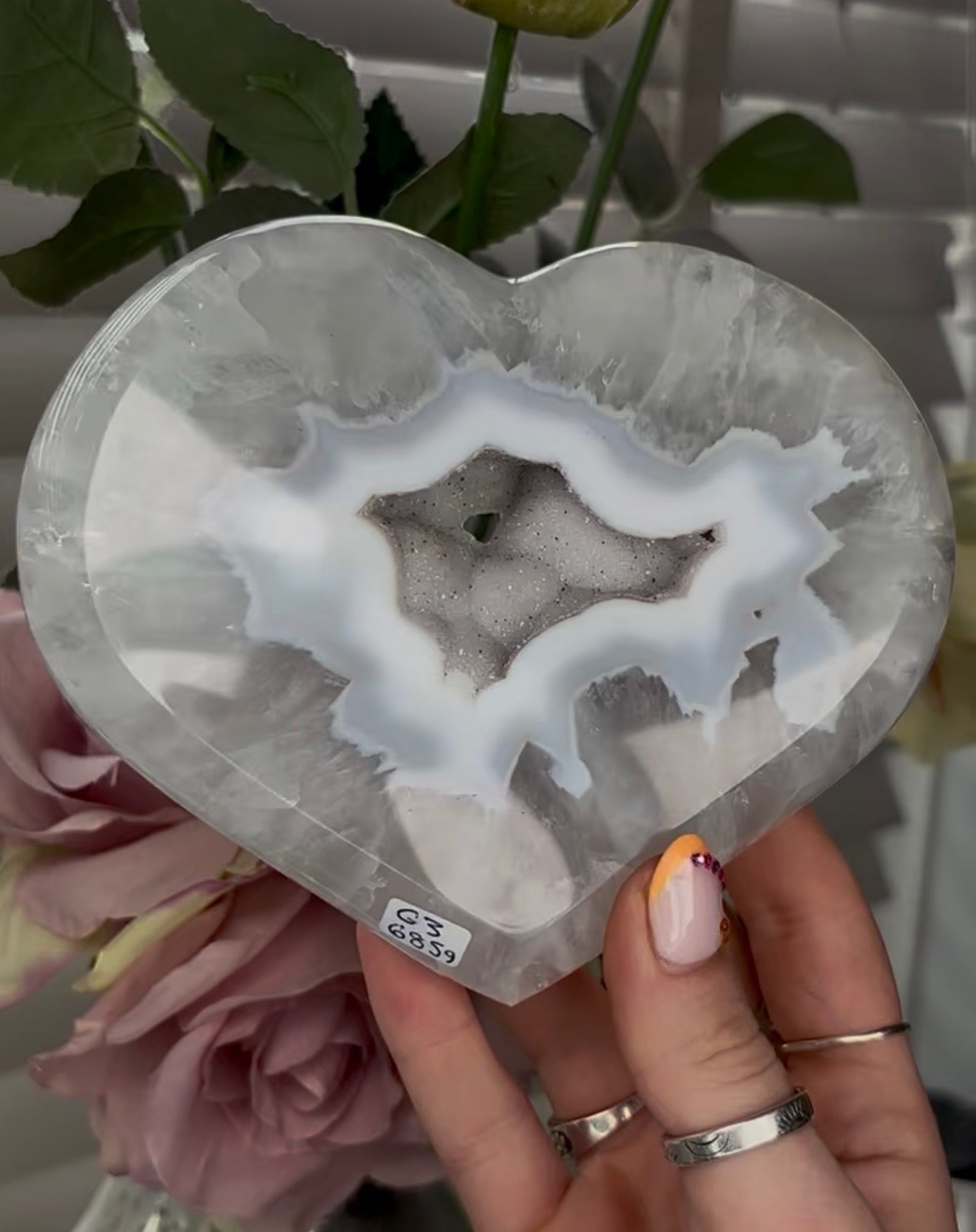 Beautiful, high grade, agate heart with druzy - comes with stand