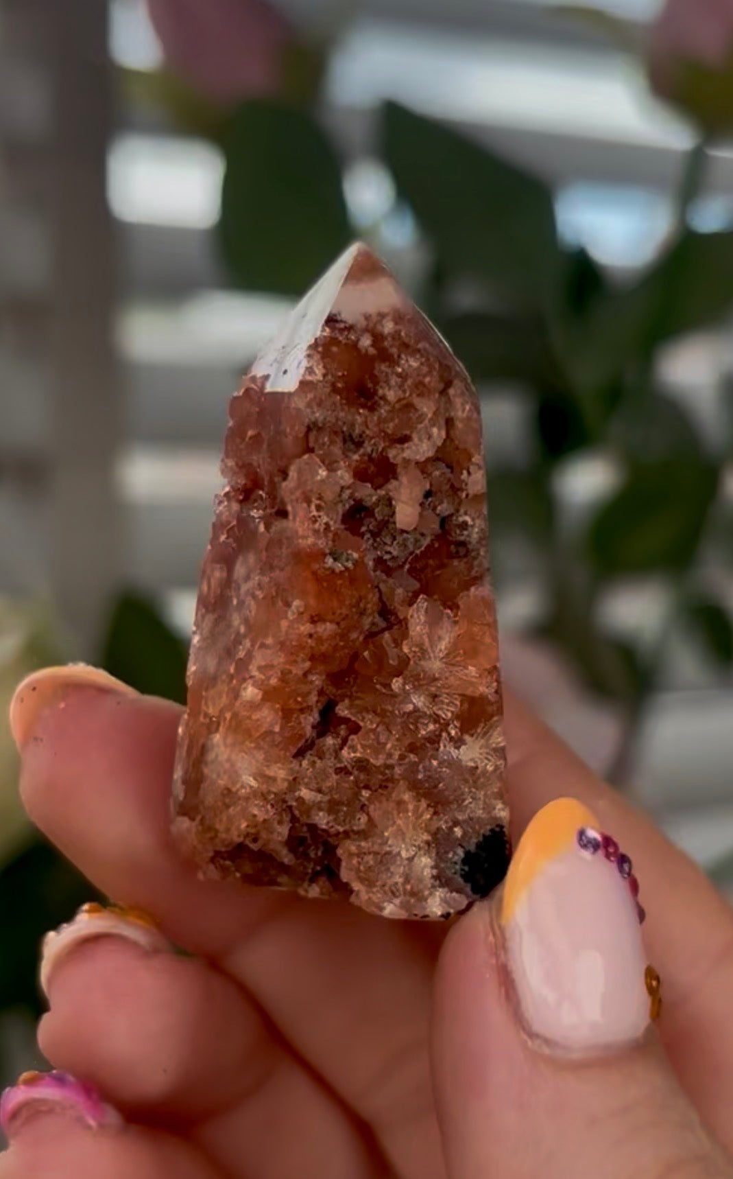 Mini Pink amethyst tower, in a burnt orange