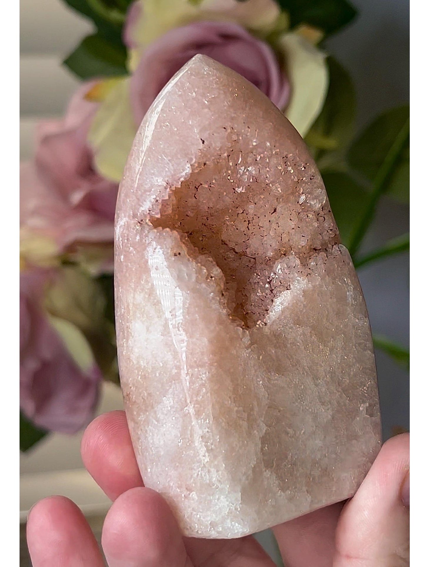 High grade, peach toned pink amethyst flame