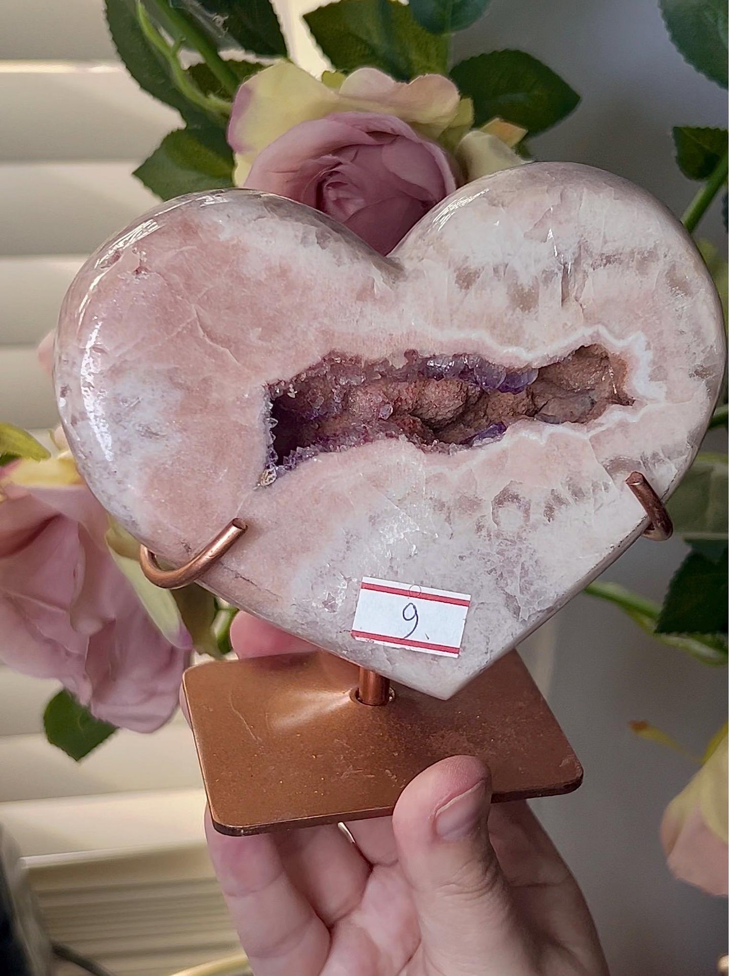 Extra high quality, large Chonky, pink amethyst heart, with purple/ red quartz druzy mouth 850g