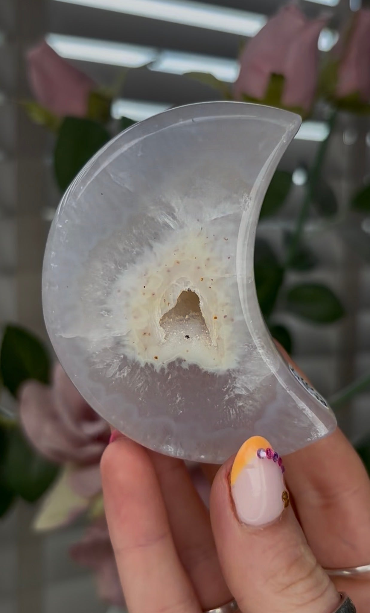 Beautiful, high grade, agate moon with druzy - comes with stand