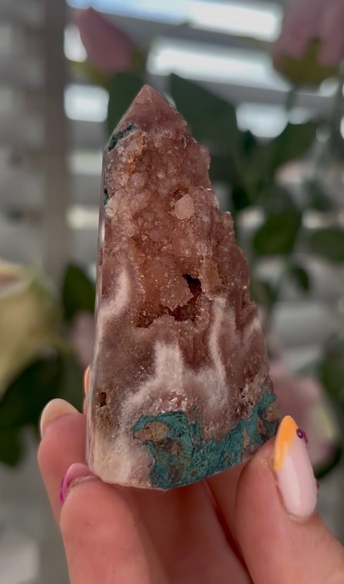 Beautiful, Pink amethyst tower in a burnt orange tone with green jasper