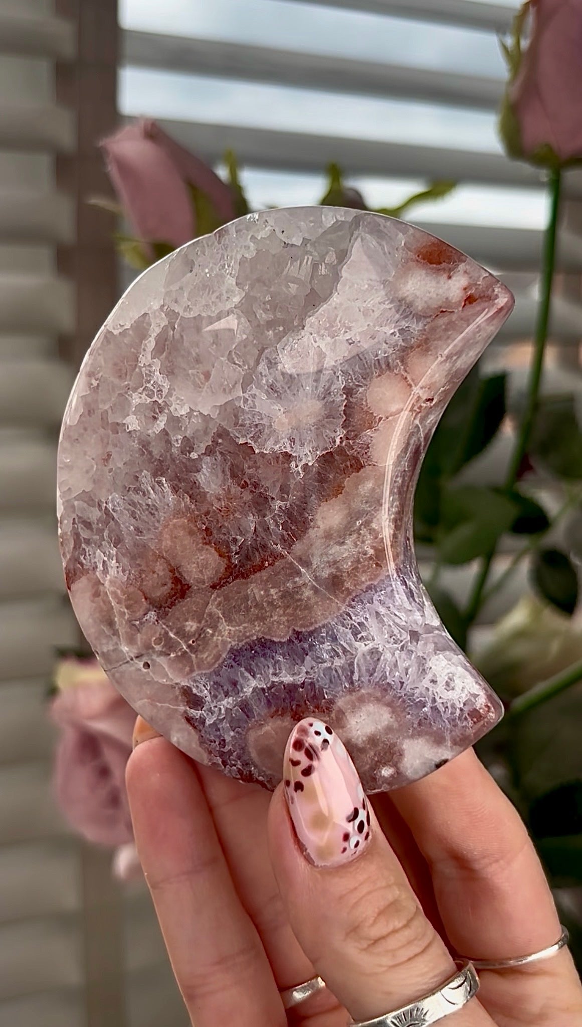 High grade, amethyst Flower agate moon with high clarity quartz