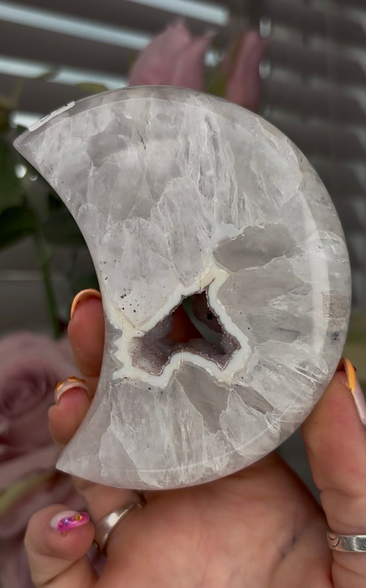 Beautiful, high grade, agate moon with druzy - comes with stand