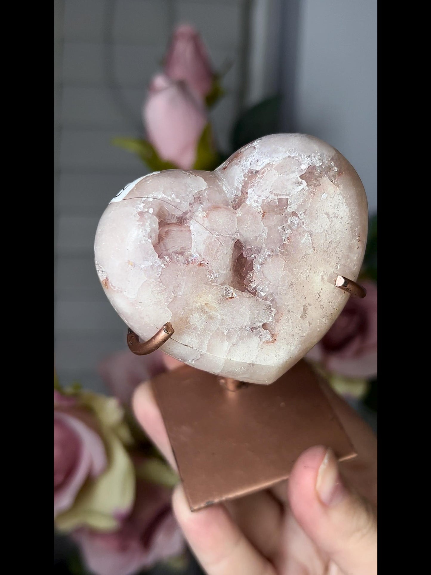 pink amethyst heart with quartz druzy comes with stand that is scratched (discount added)