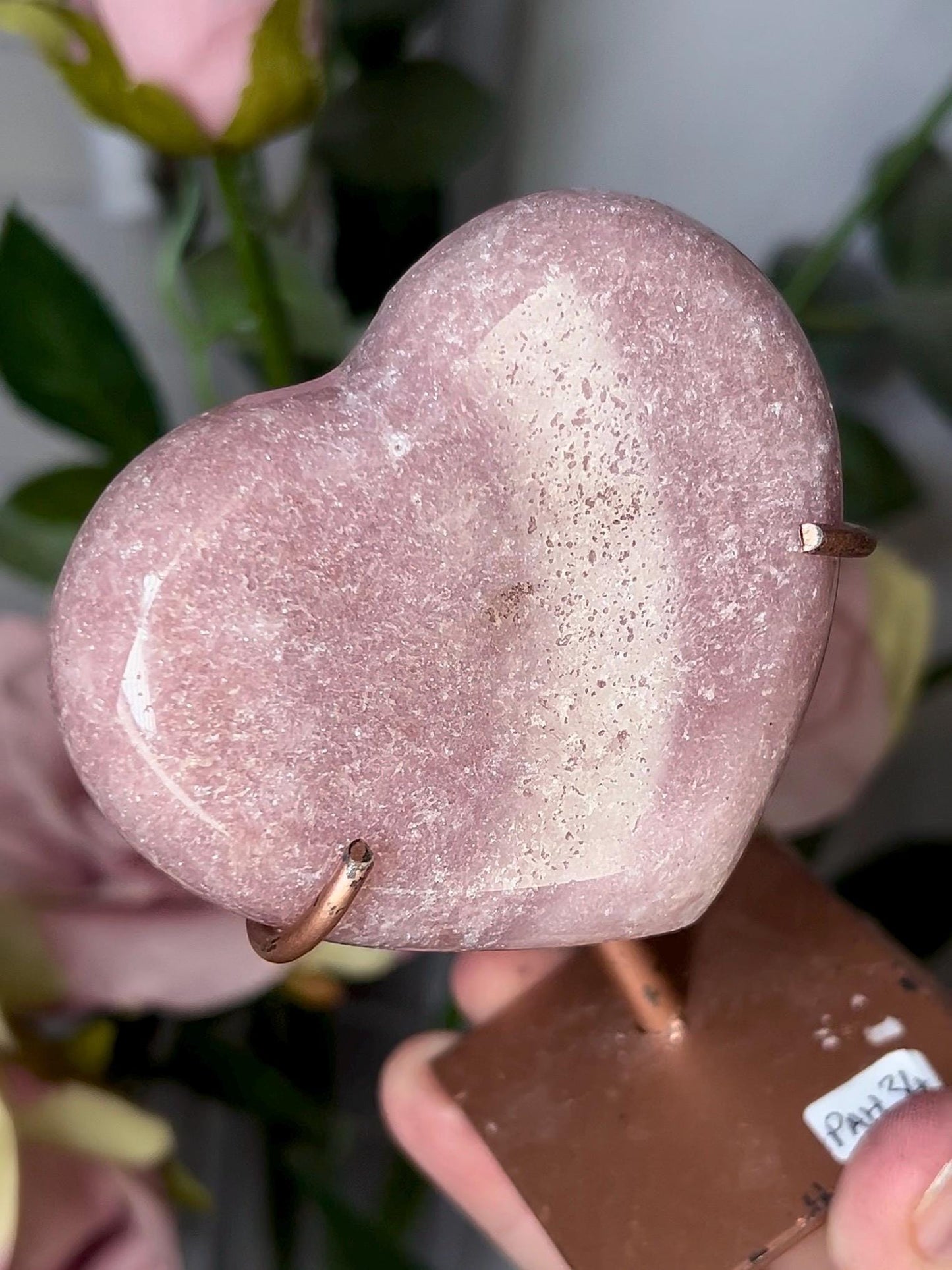 High grade, perfect pink amethyst heart on stand which may be scratched but can easily be repainted