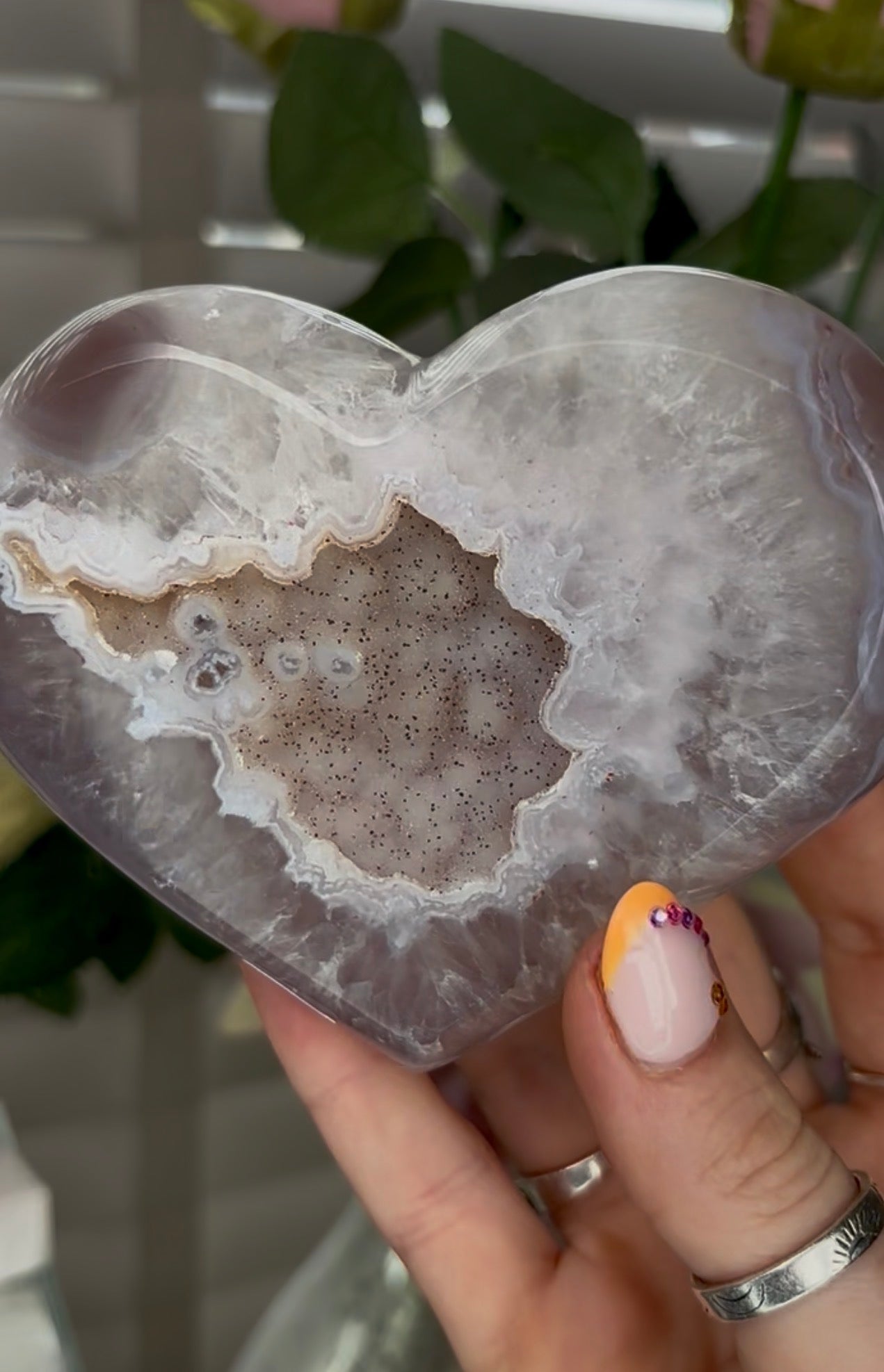 Beautiful, high grade, agate heart with druzy - comes with stand