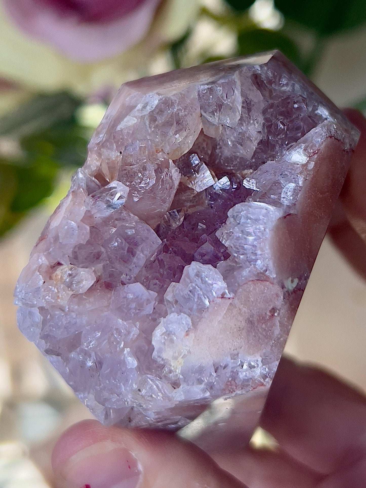 High grade, pink amethyst tower with high grade quartz druzy 370g