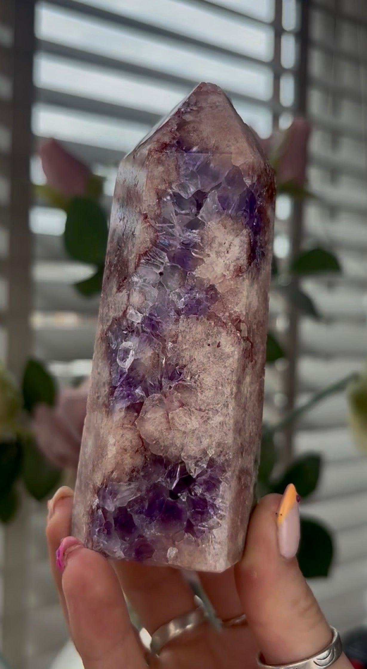 High quality, Pink amethyst tower, with purple quartz druzy