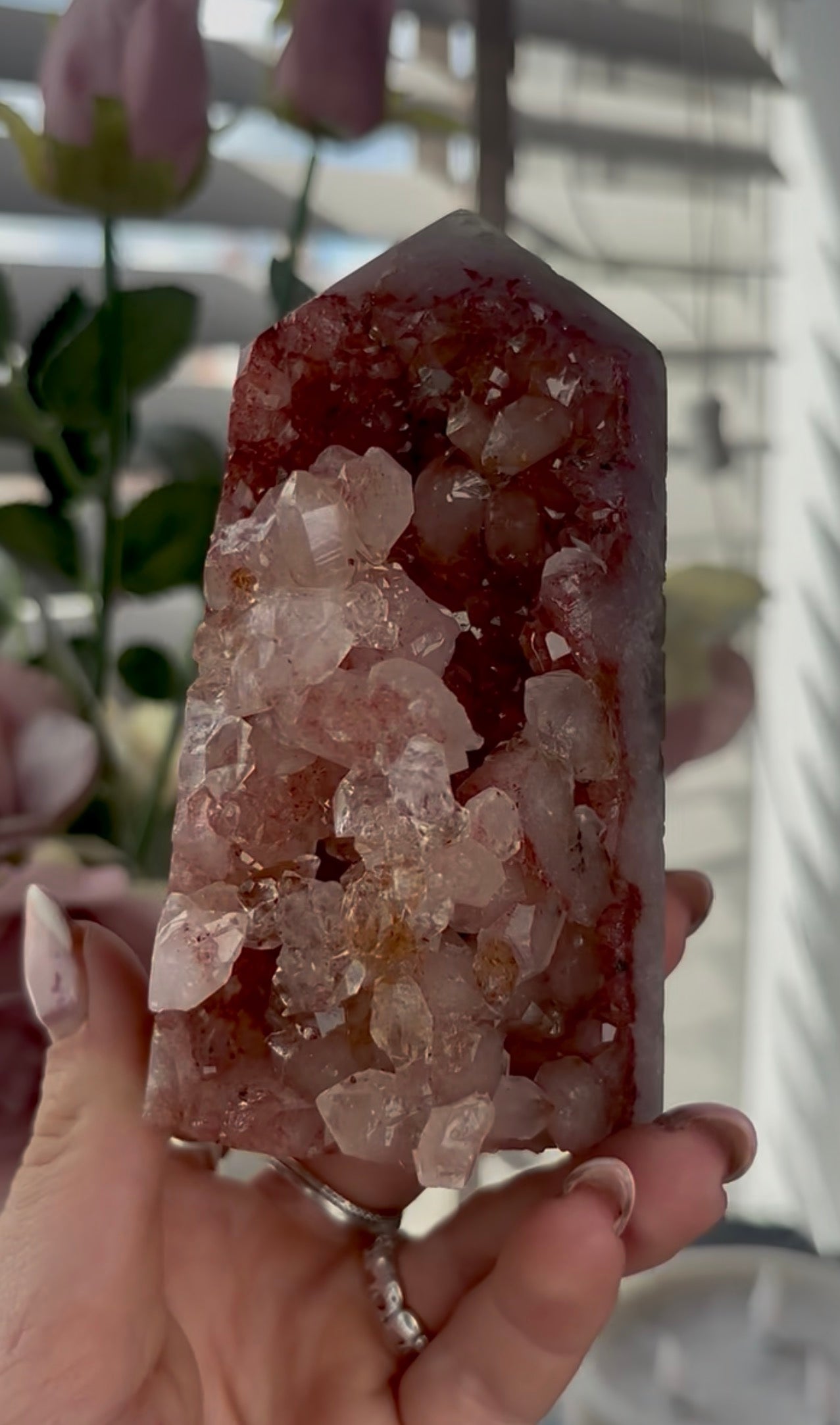 Beautiful, high quality, Pink amethyst tower in burnt orange/red tones with chewing gum druzy