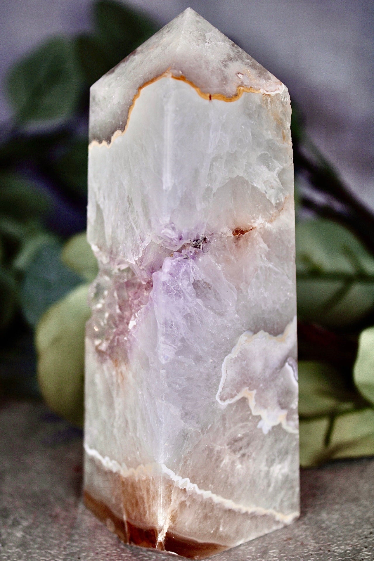 Pink amethyst agate, 4 sided tower with lavender Druze