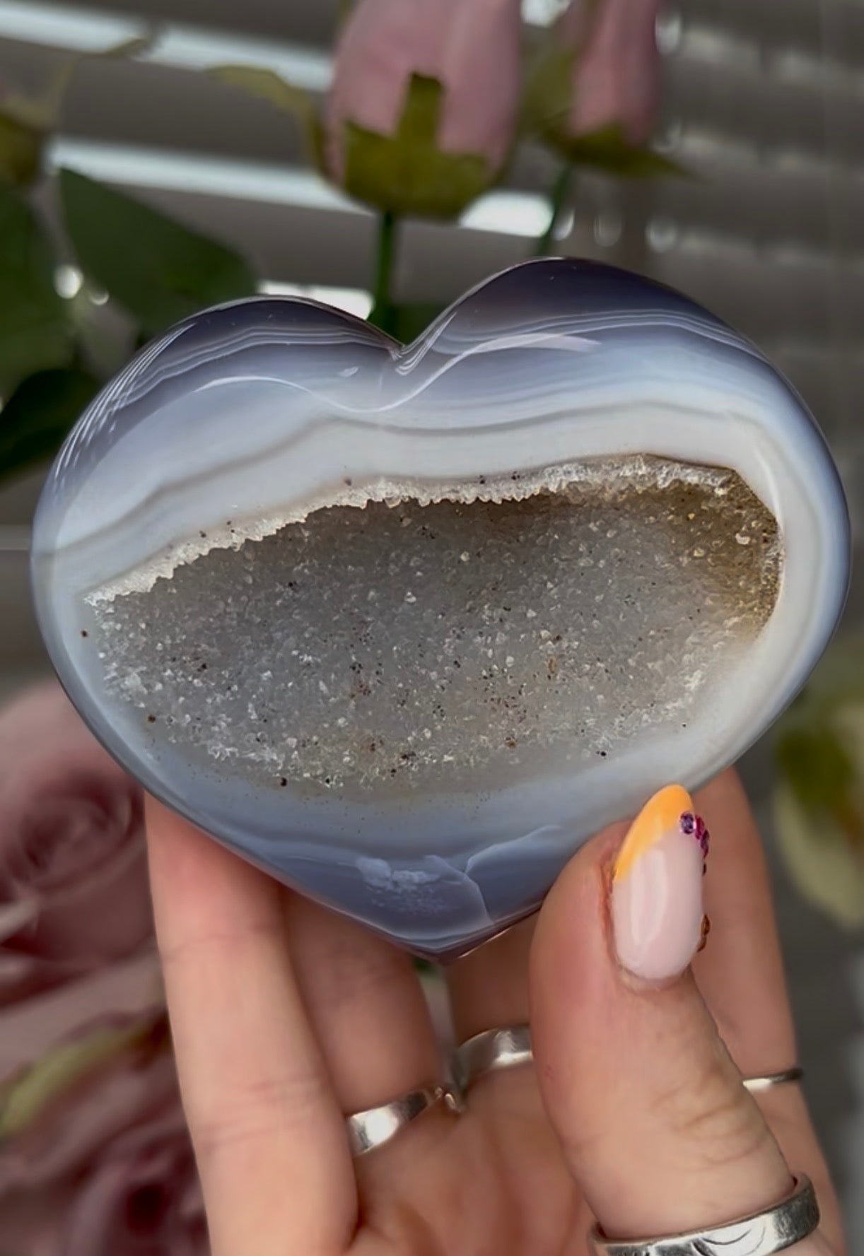 Beautiful, high grade, blue agate heart with druzy - comes with stand