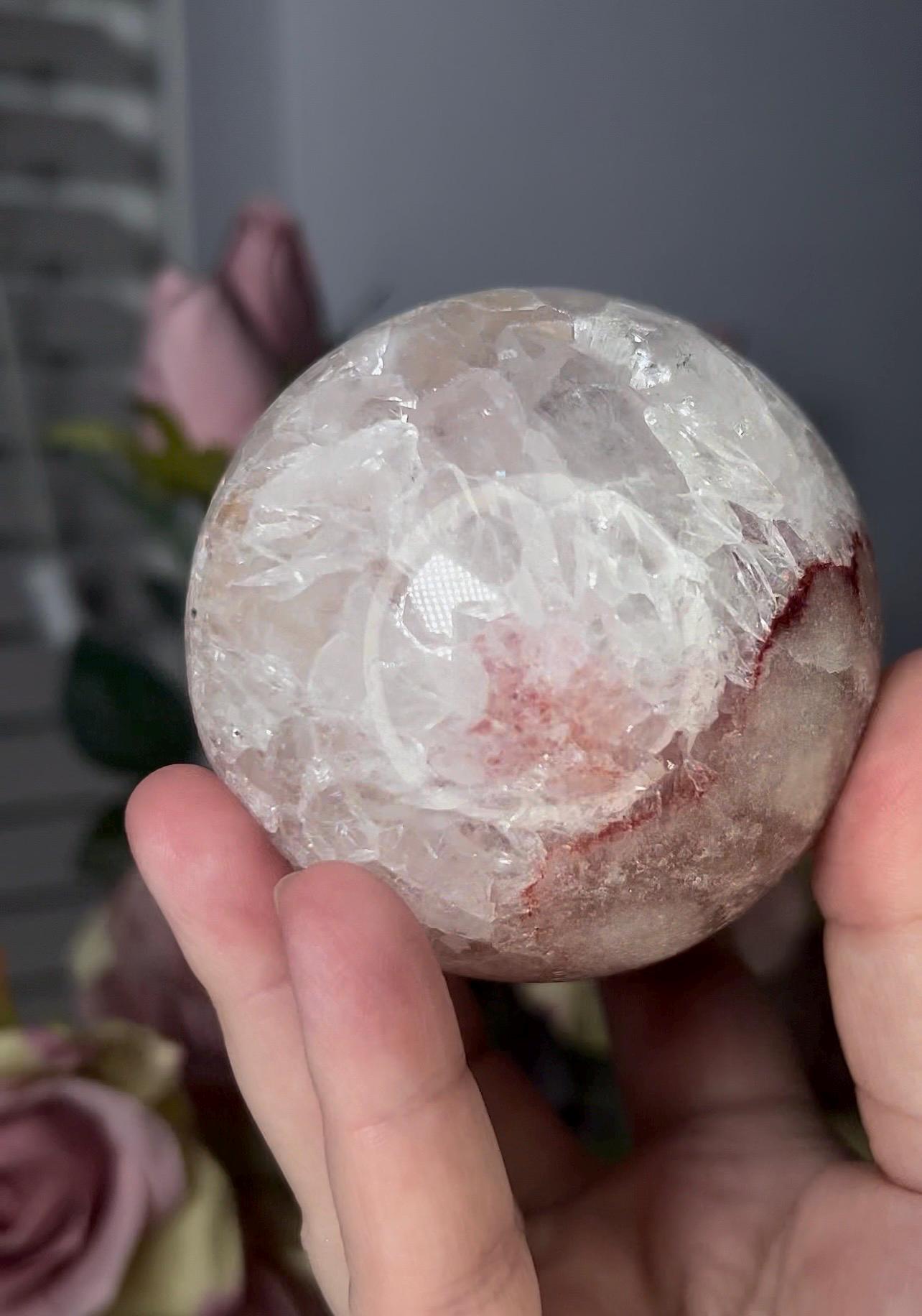 High grade, pink amethyst sphere with quartz 568g