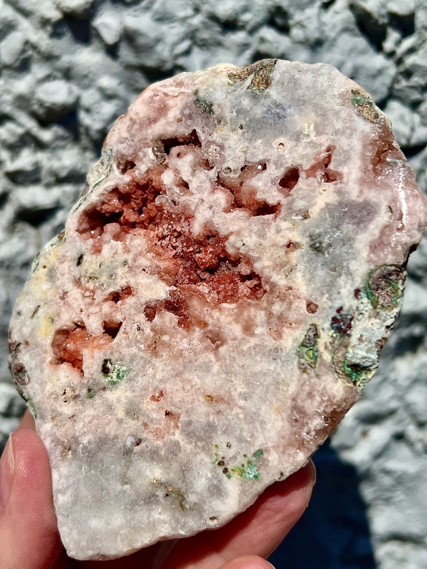 high quality, pink amethyst slab with vibrant red sugar druzy
