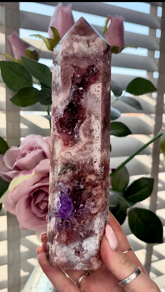 Beautiful, high quality, tall, Pink amethyst tower with purple quartz & red hematite - 22cm