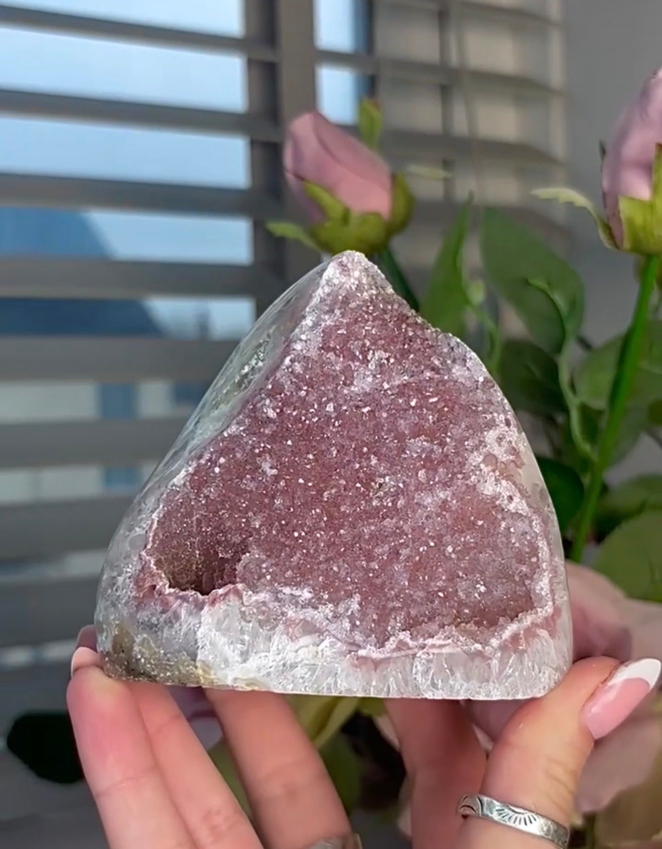 Pink Rainbow amethyst cutbase with a calcite base