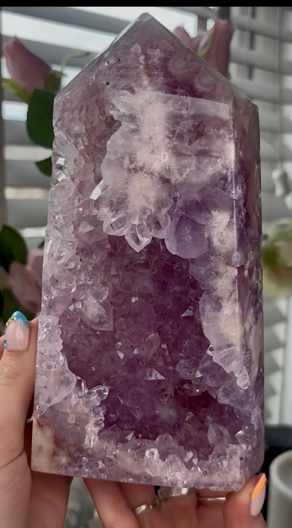 Beautiful, large, high quality, Pink amethyst tower with lilac tone quartz 20.5cm by 11cm
