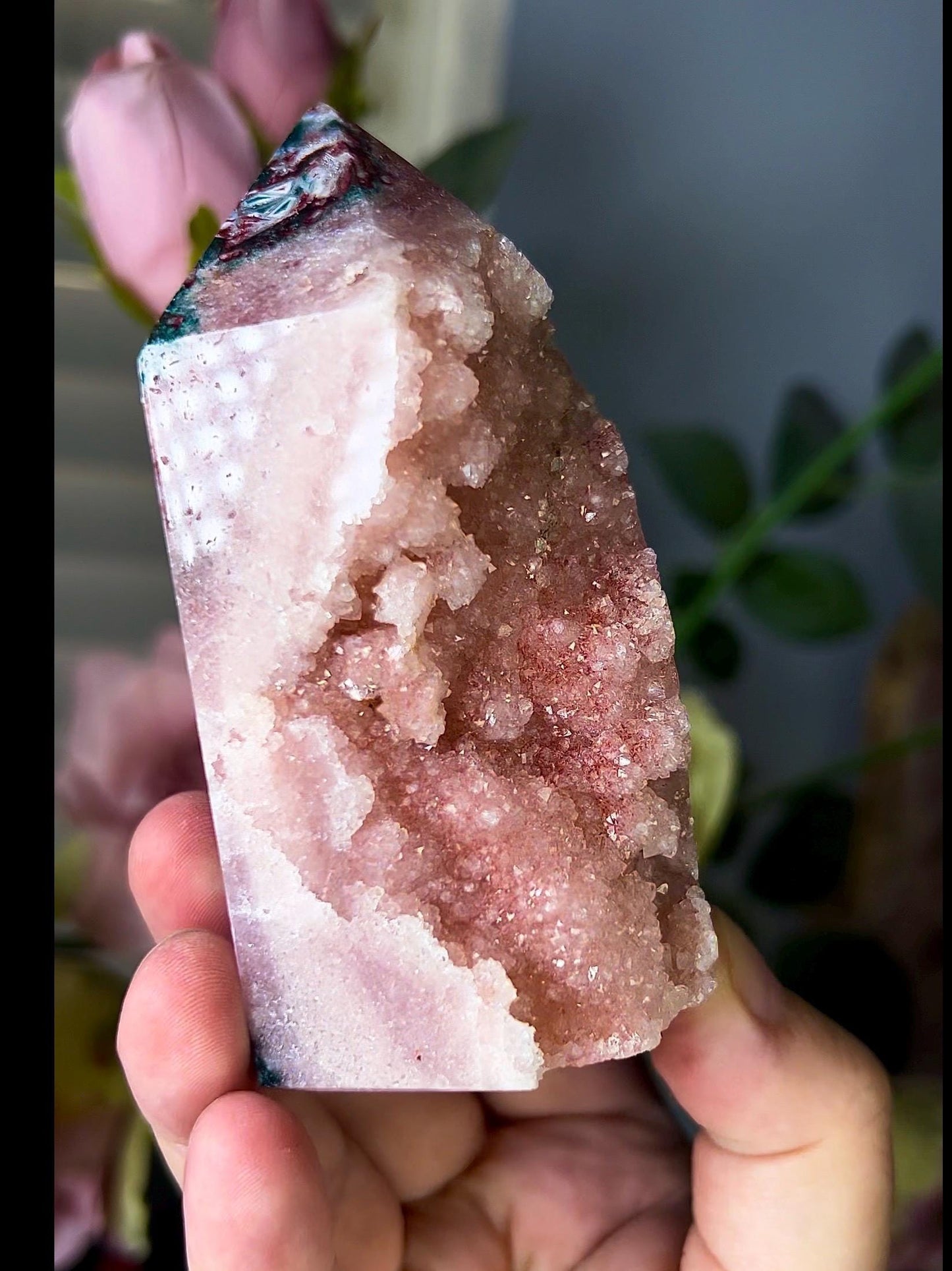 High grade, baby pink amethyst, sugar druzy tower with green jasper