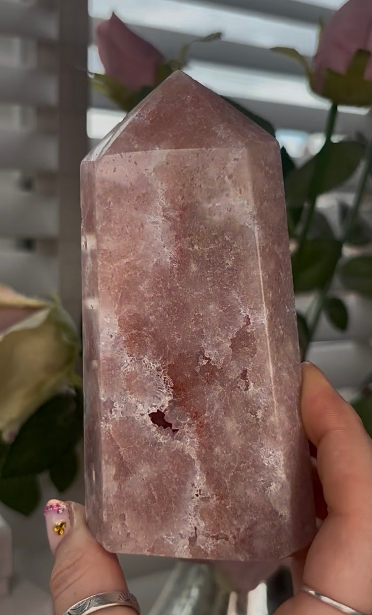Pretty, Pink amethyst tower, with quartz druzy