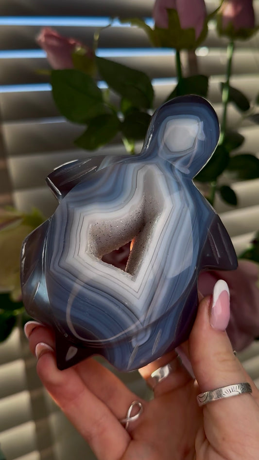 Beautiful, high grade, cute, banded agate, sea turtle with druzy portal