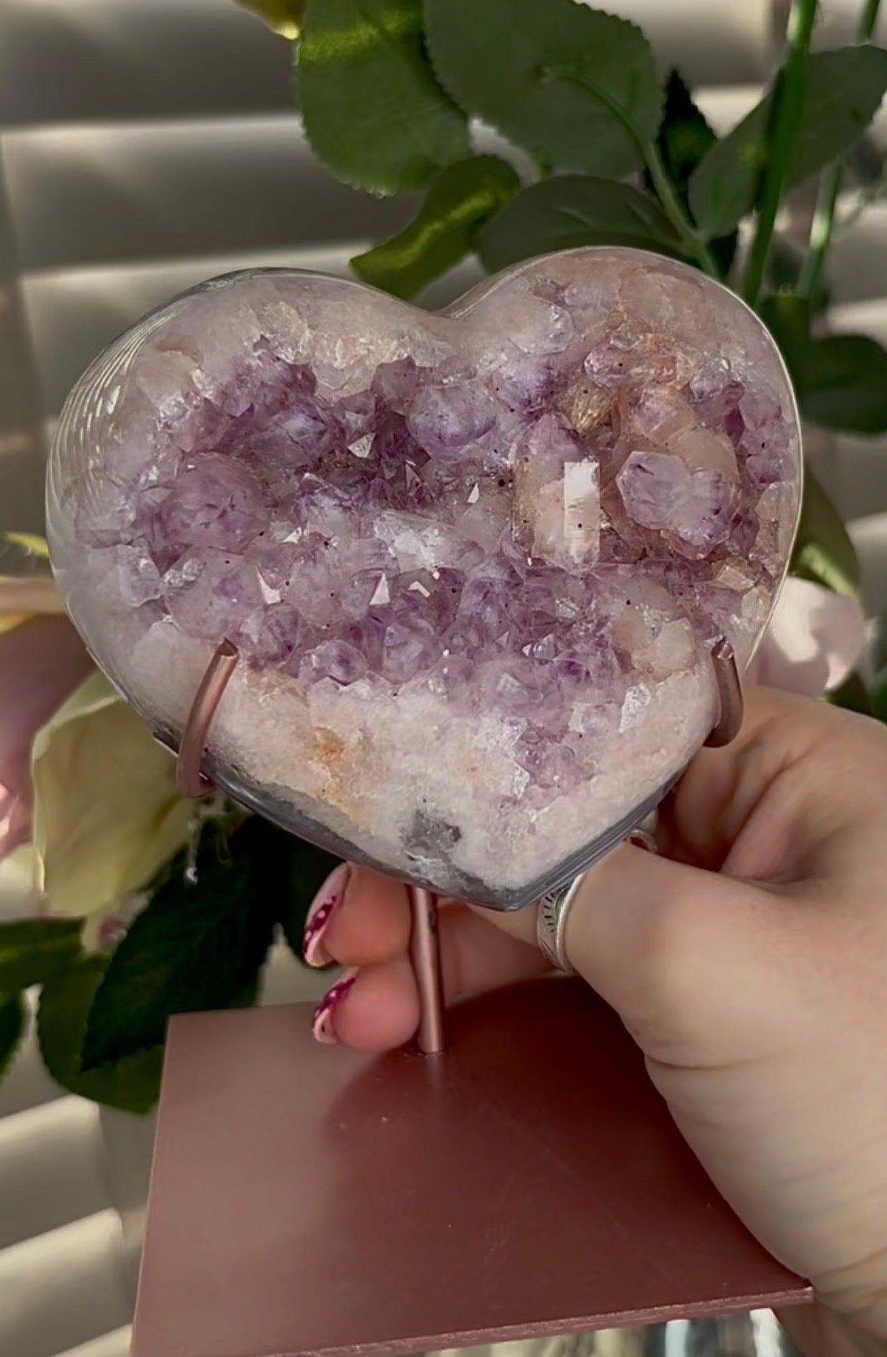 Gorgeous pink amethyst heart with agate and chunky bubble gum Druze  - comes with stand