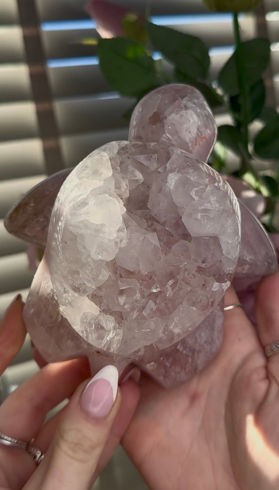 High grade, pink amethyst with chunky quartz sea turtle carving