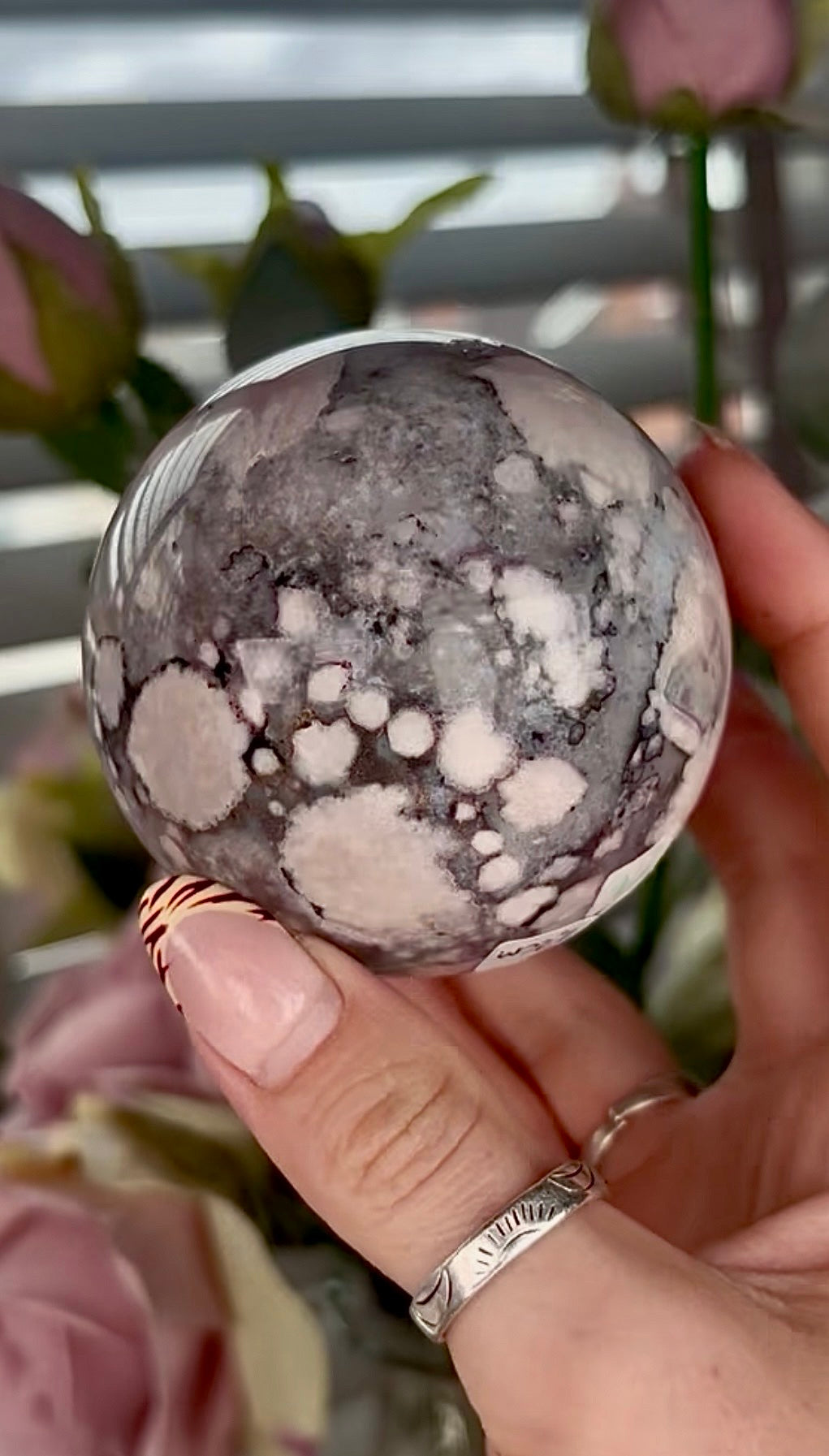Stunning!! Super high quality, Druzy, green chlorite x blue flower agate sphere