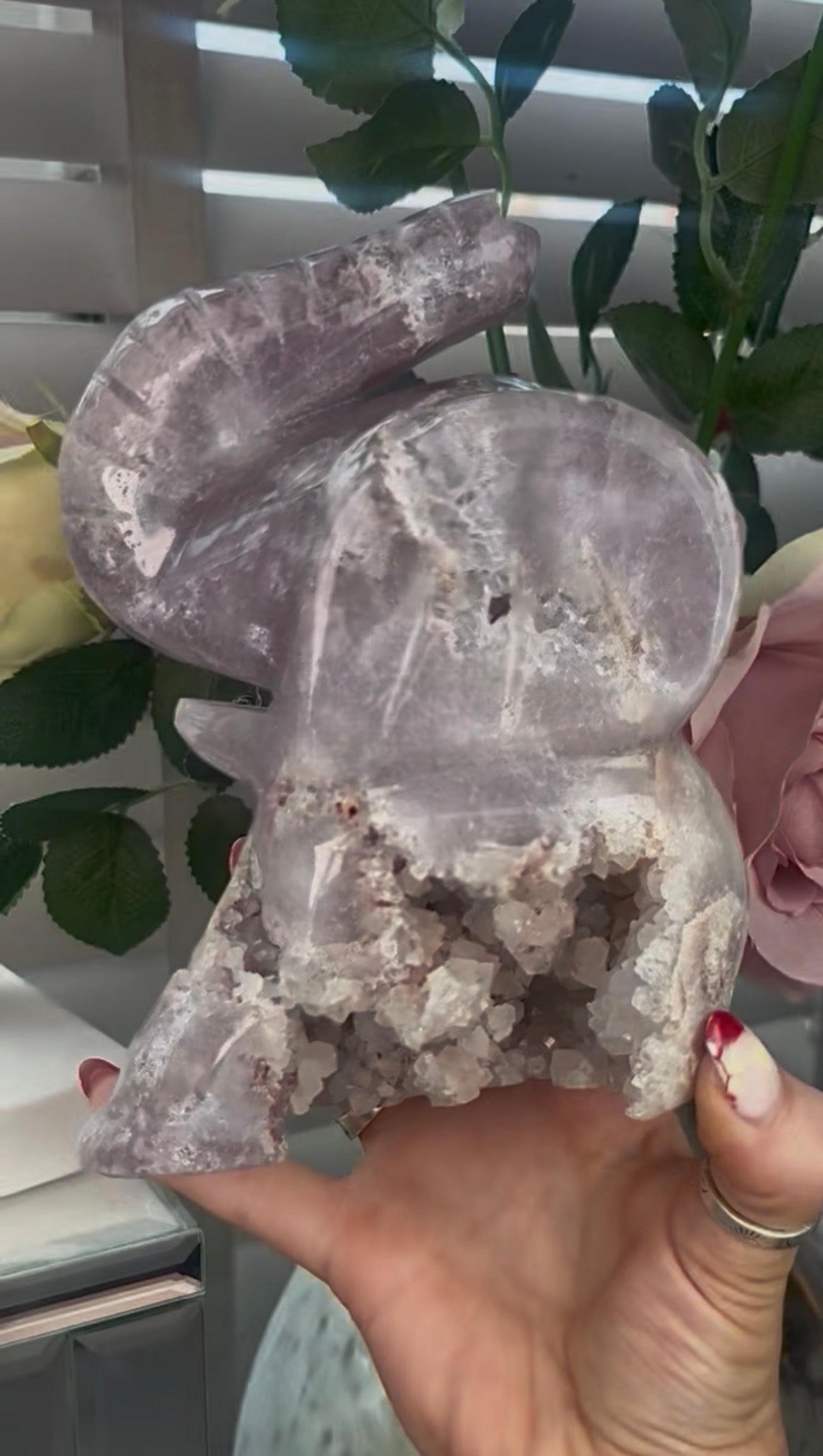High grade, pink amethyst elephant carving with chunky druzy