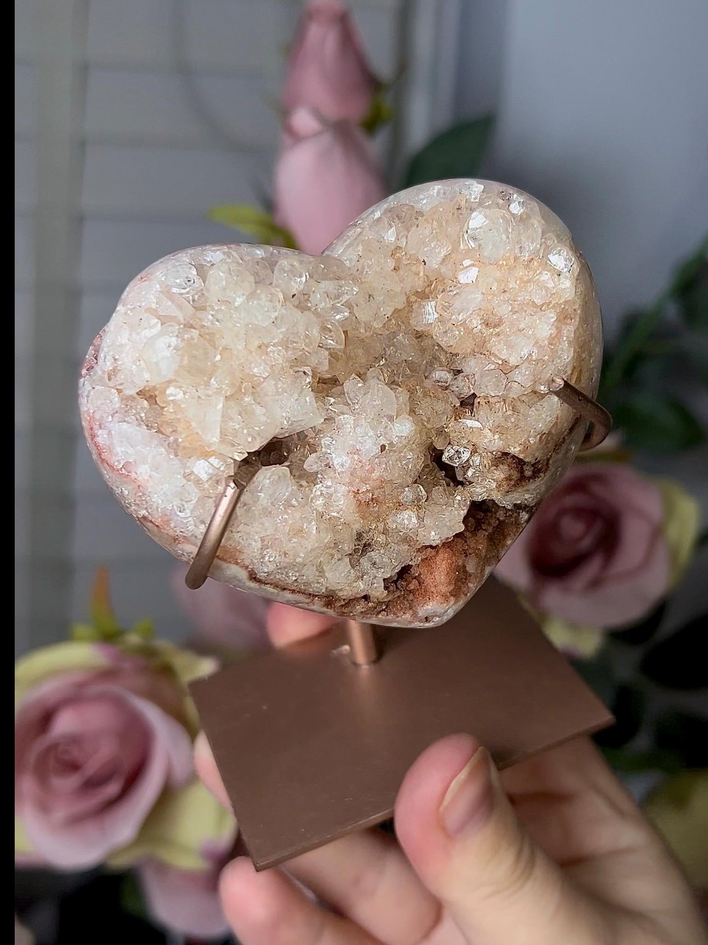 Pink amethyst heart with a high clarity quartz with stand