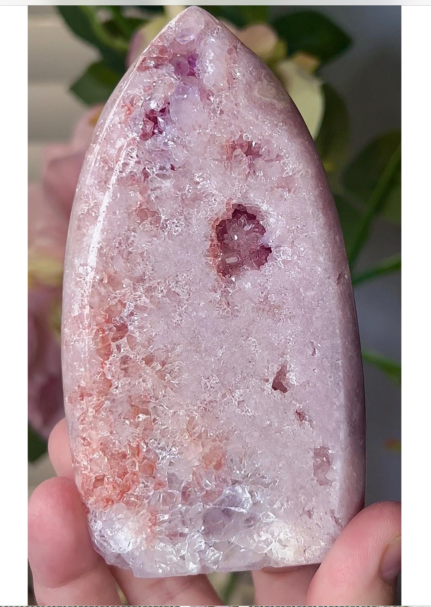 High grade, baby pink amethyst flame with red and purple druzy 315g