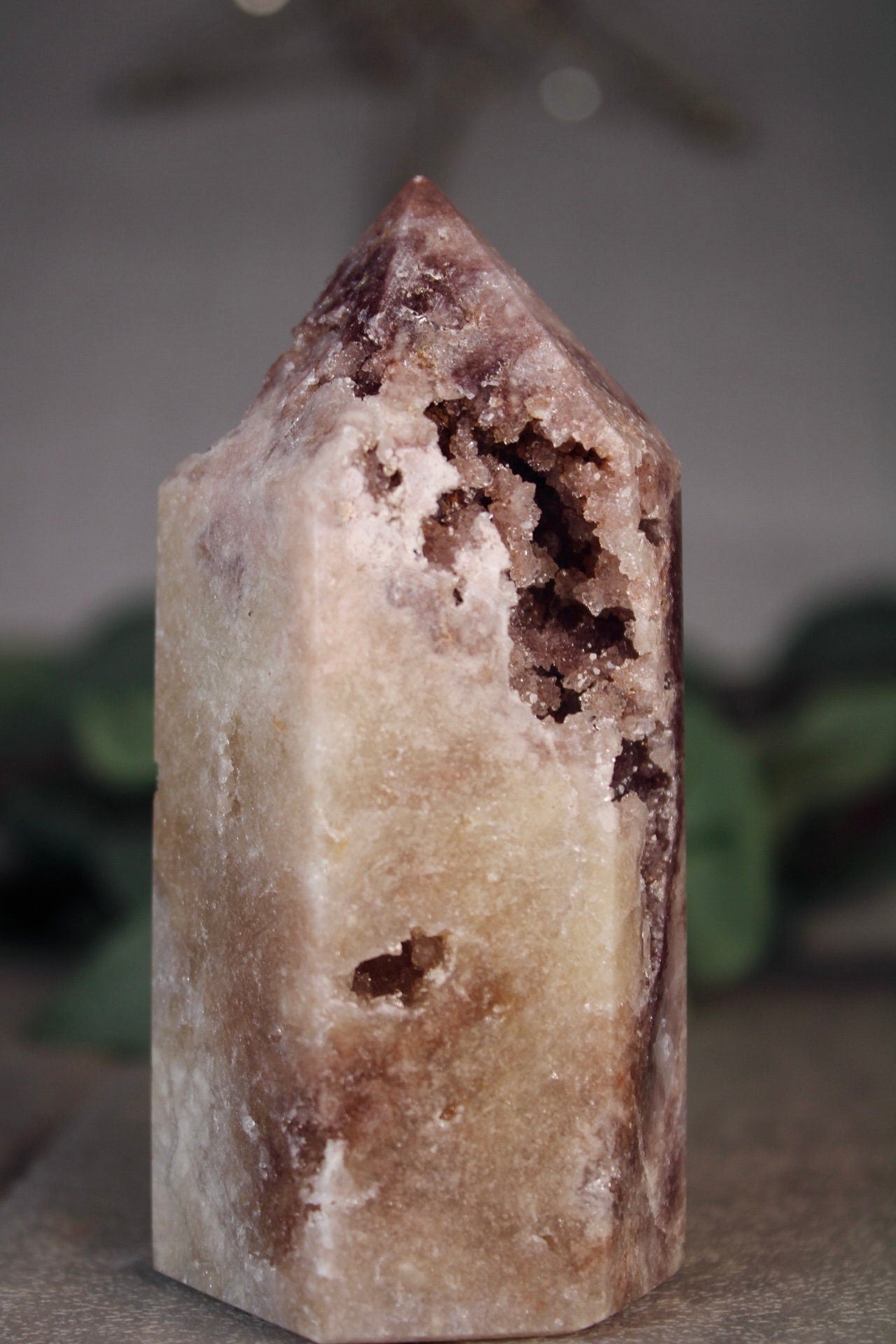 Golden, druzy, pink amethyst tower from brazil 300g 10.5cm (h)