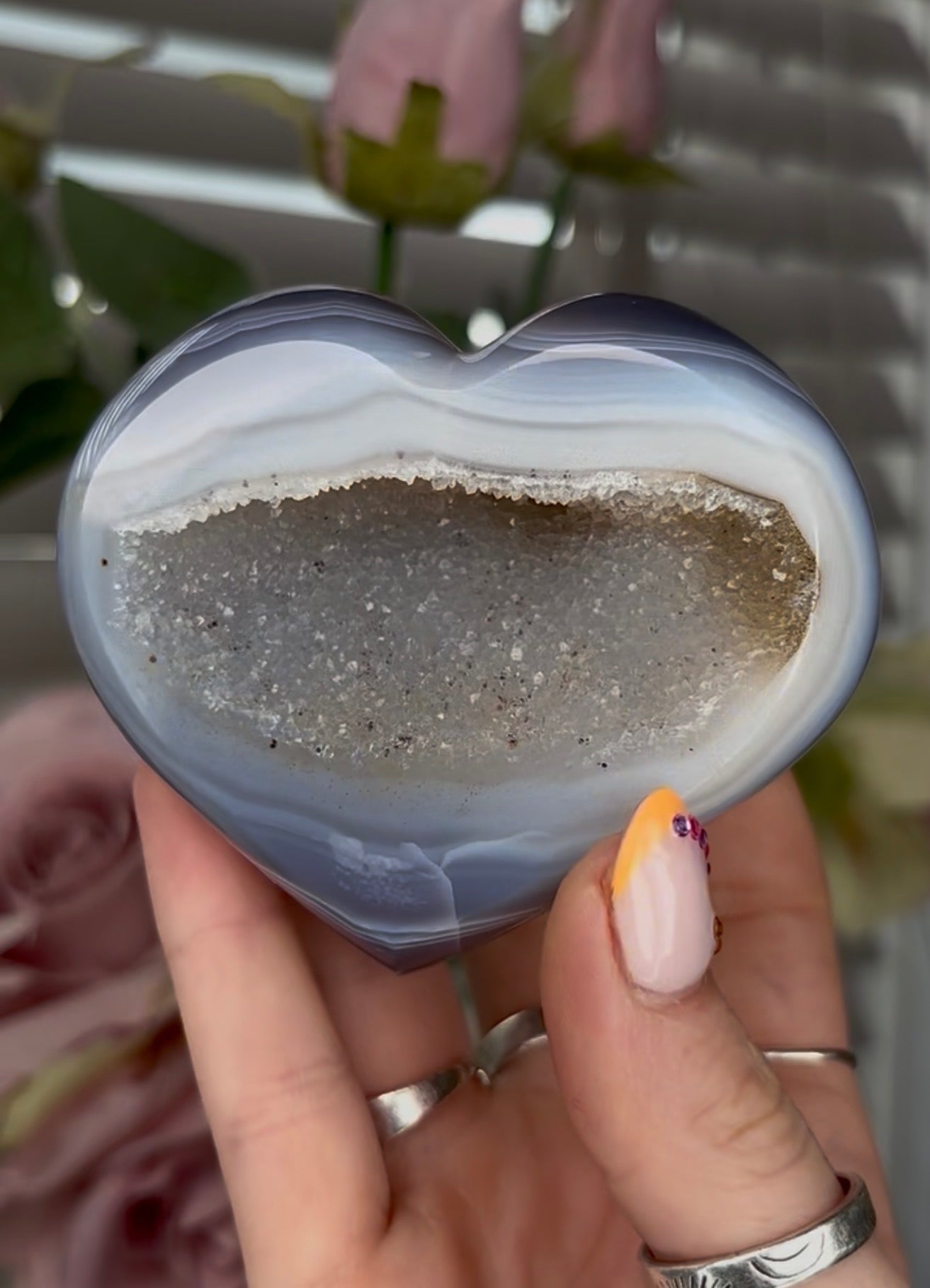 Beautiful, high grade, blue agate heart with druzy - comes with stand